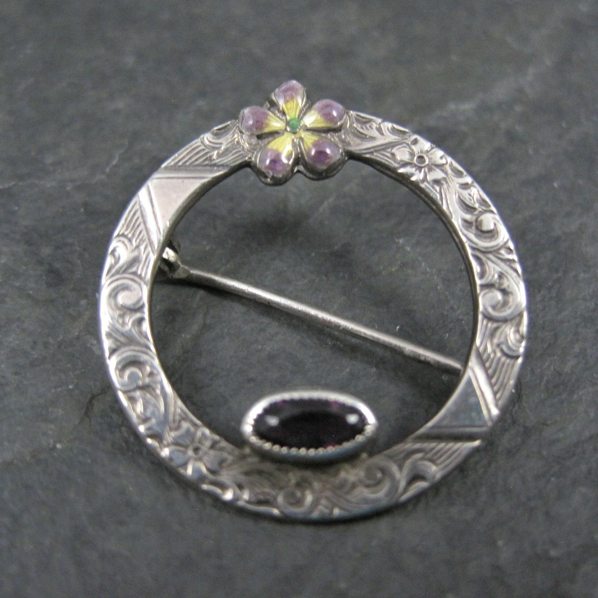 Sterling Antique Enamel Violet and Amethyst Circle Brooch C Clasp