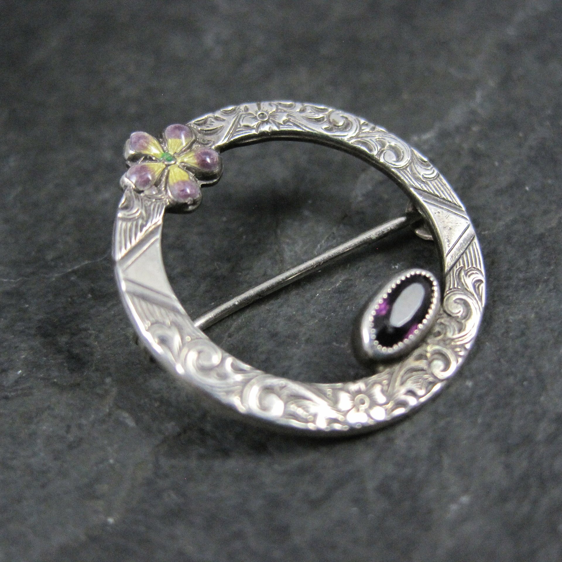 Sterling Antique Enamel Violet and Amethyst Circle Brooch C Clasp
