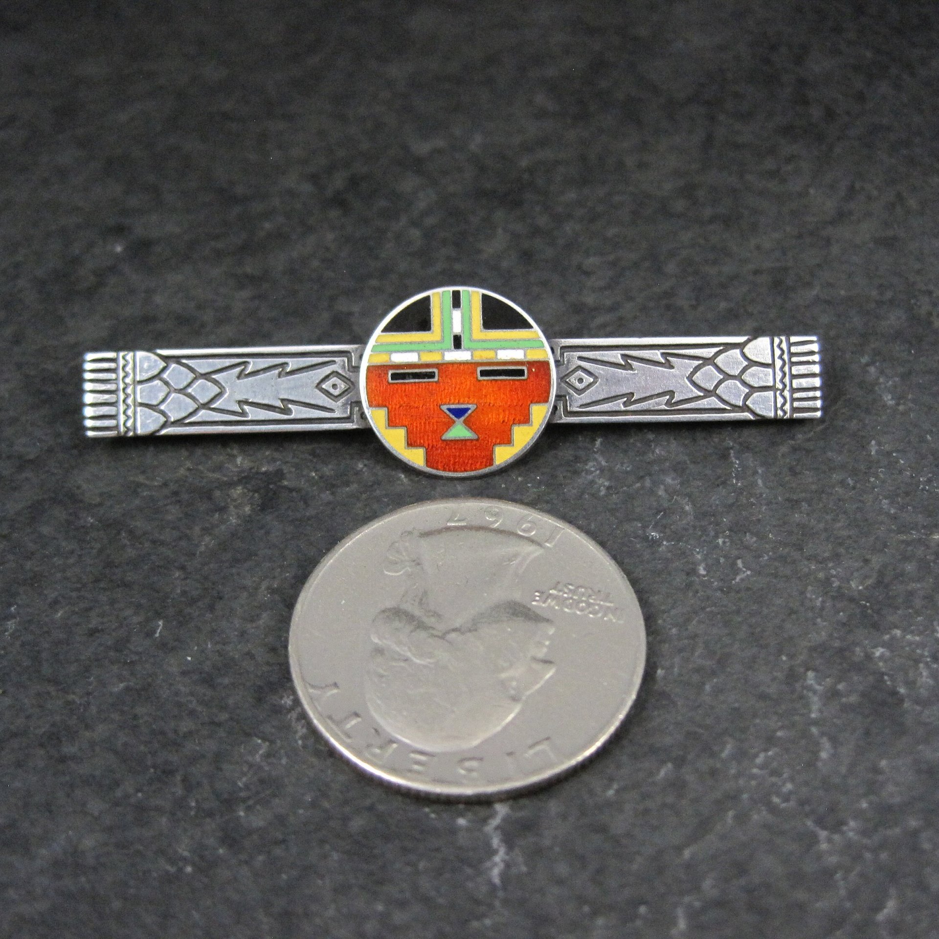 Art Deco Enamel Inlay Katchina Bar Pin Brooch Sterling Silver C Clasp