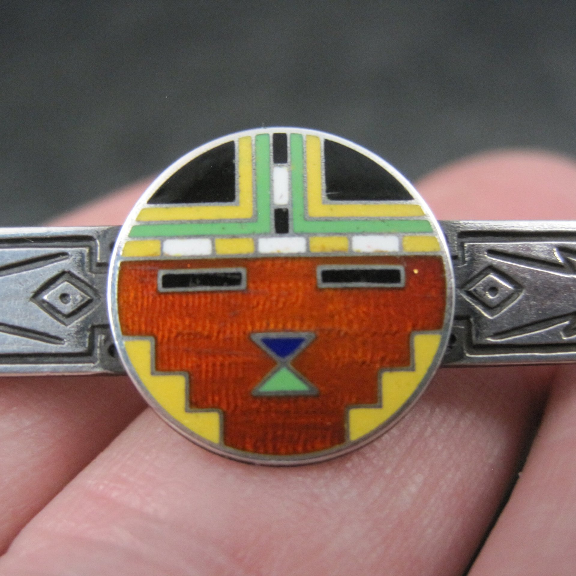 Art Deco Enamel Inlay Katchina Bar Pin Brooch Sterling Silver C Clasp