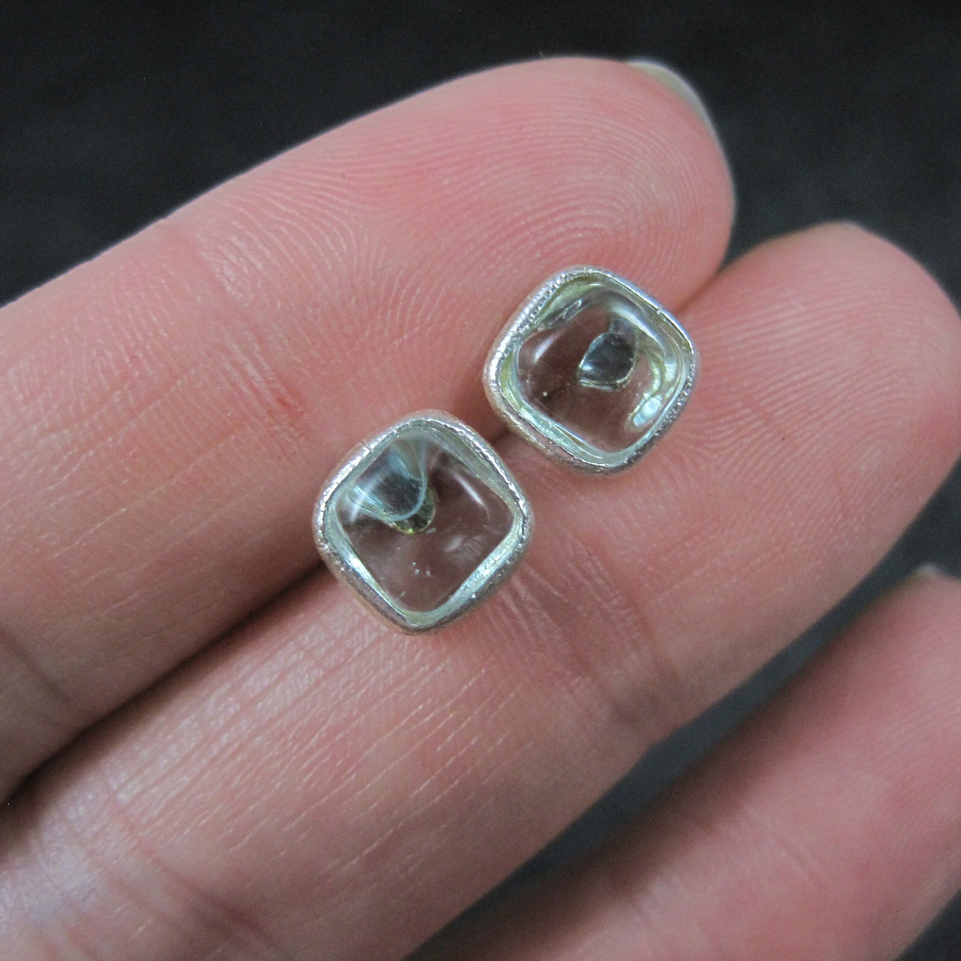 Estate Sterling Carved Blue Art Glass Stud Earrings