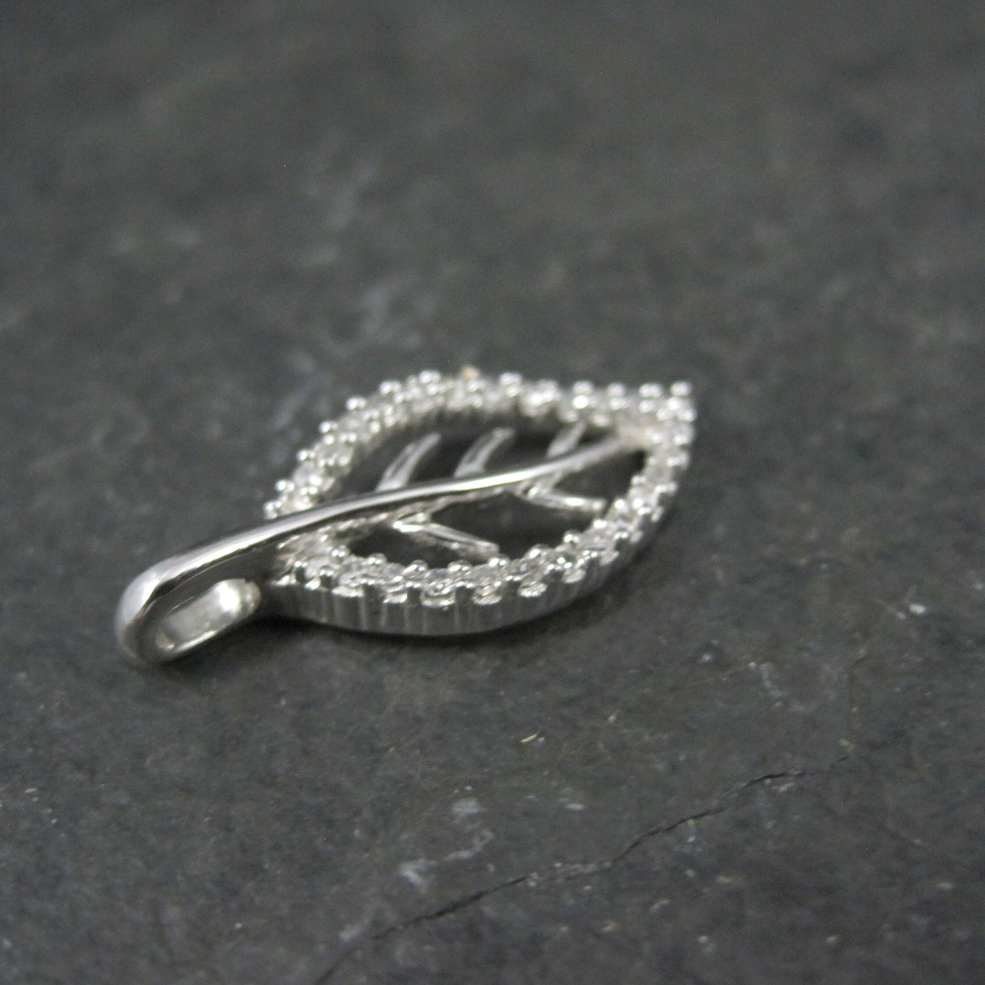 Vintage 10K White Gold Leaf Pendant | Diamond Accent Nature Jewelry