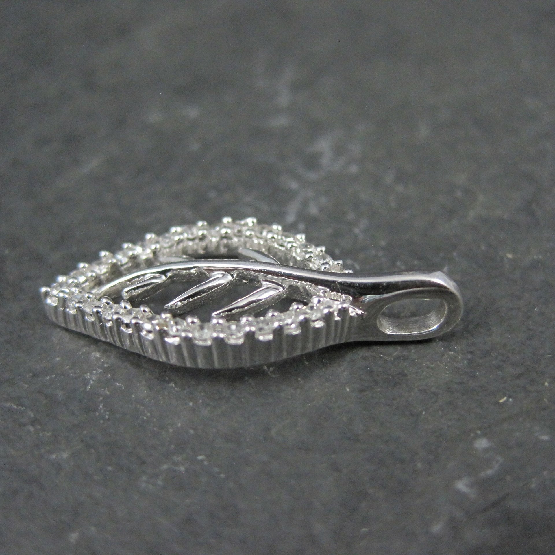 Vintage 10K White Gold Leaf Pendant | Diamond Accent Nature Jewelry