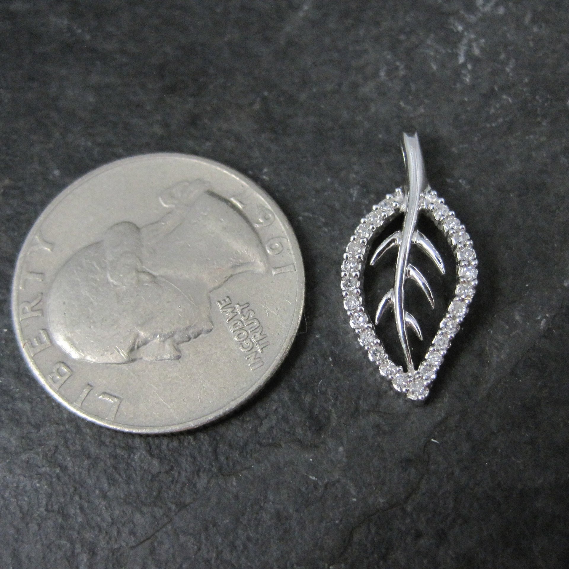 Vintage 10K White Gold Leaf Pendant | Diamond Accent Nature Jewelry