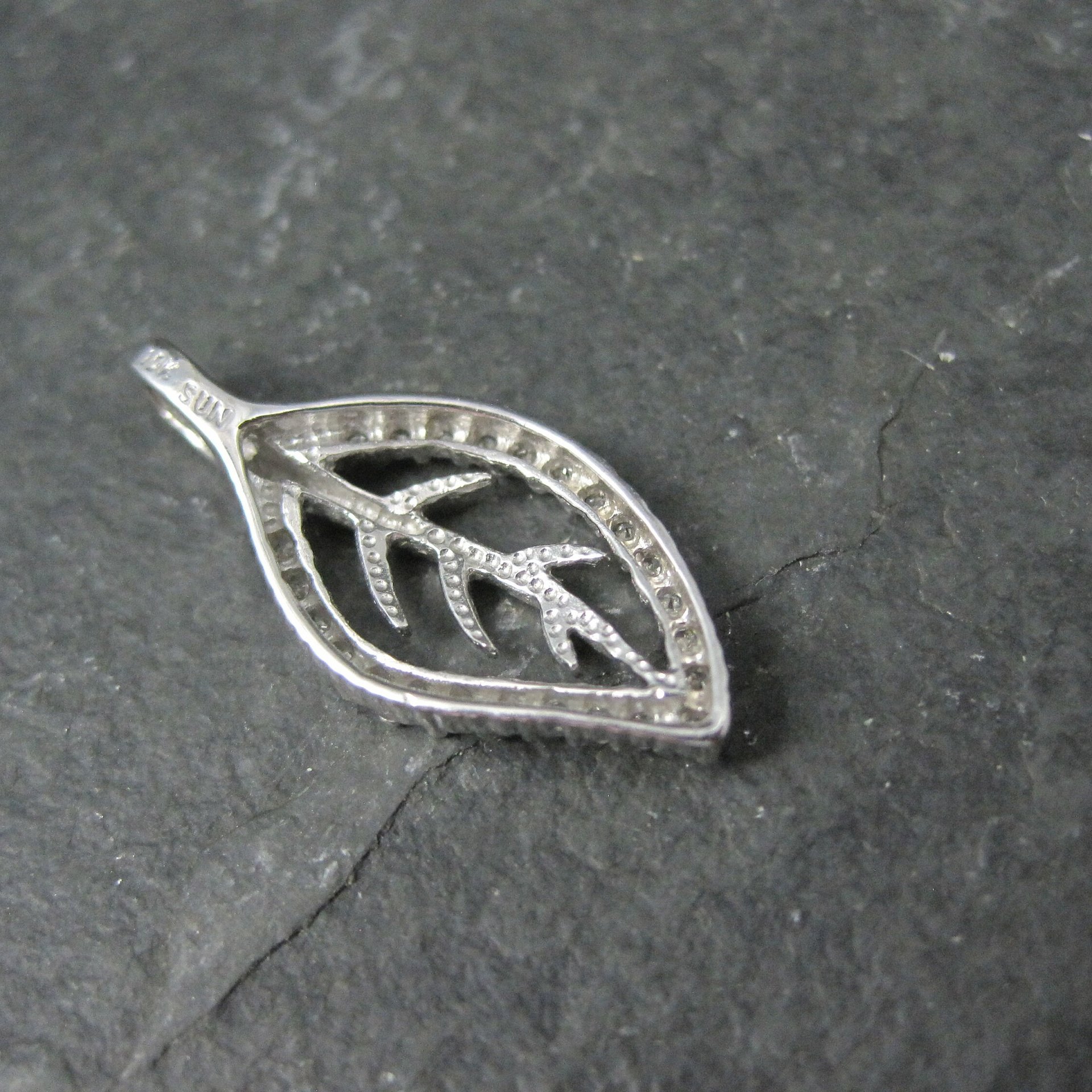 Vintage 10K White Gold Leaf Pendant | Diamond Accent Nature Jewelry