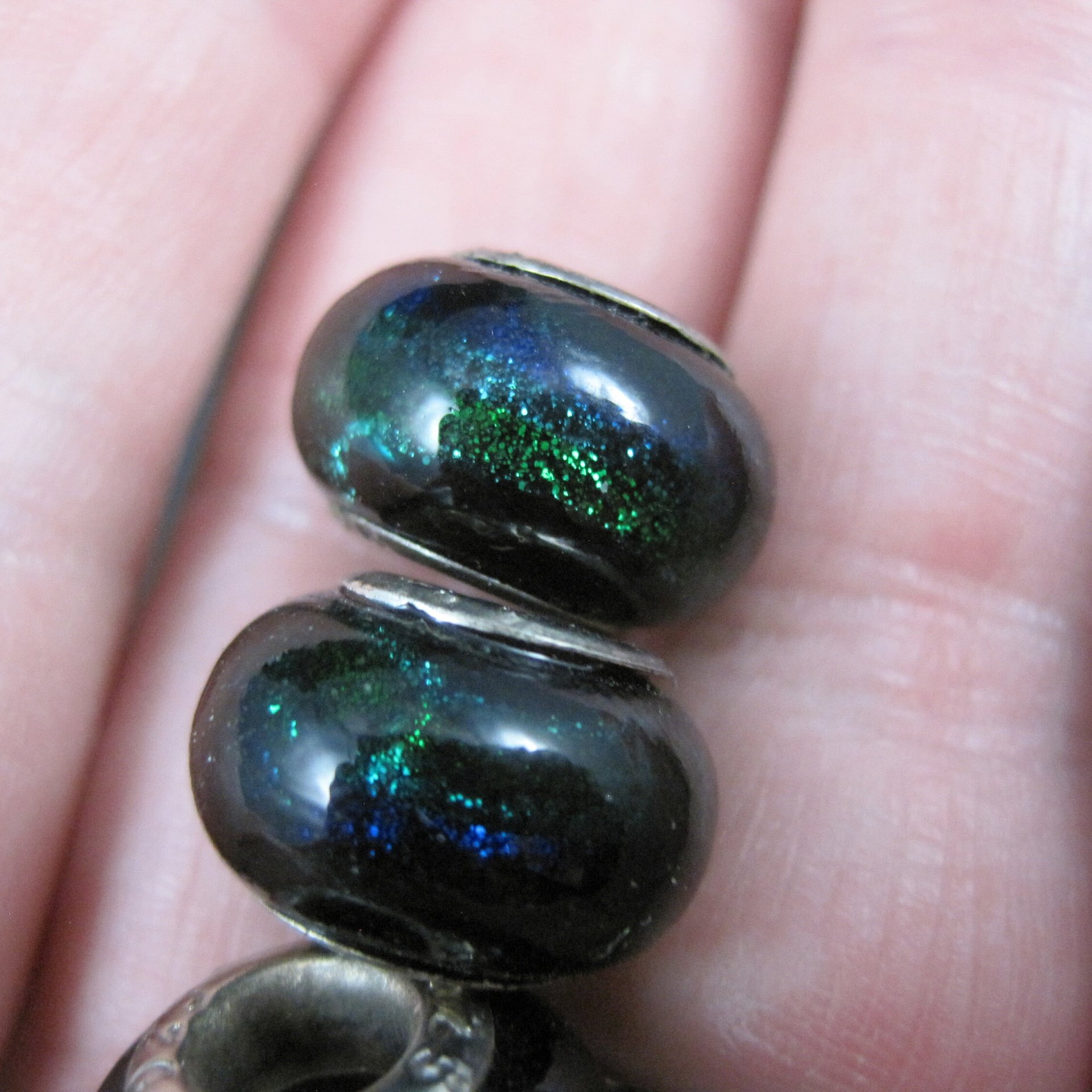 Lot of 3 Blue Green Black Art Glass Bead Charms Sterling Centers