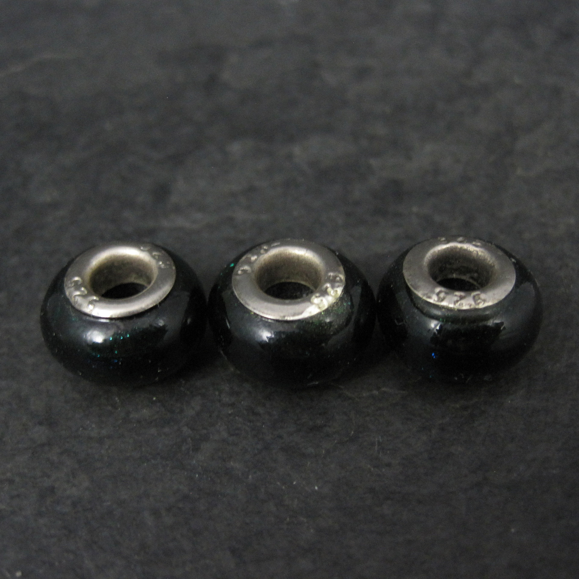 Lot of 3 Blue Green Black Art Glass Bead Charms Sterling Centers