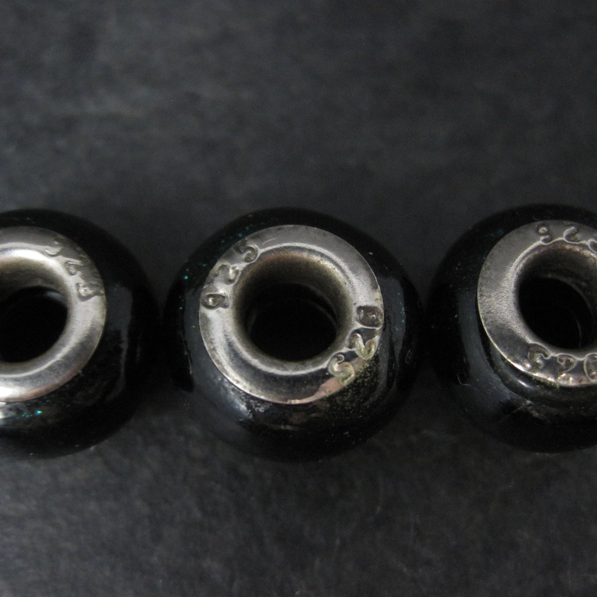 Lot of 3 Blue Green Black Art Glass Bead Charms Sterling Centers