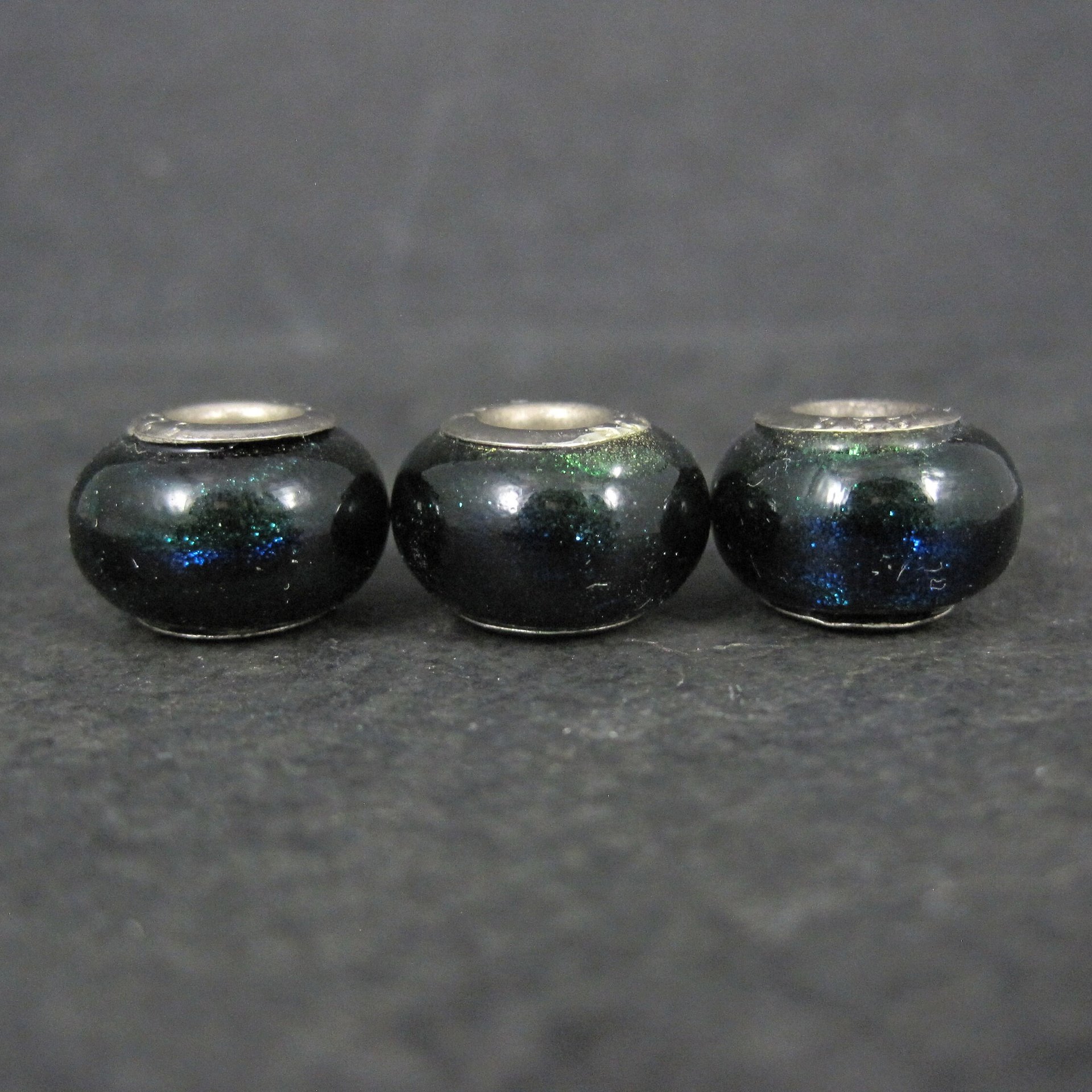 Lot of 3 Blue Green Black Art Glass Bead Charms Sterling Centers