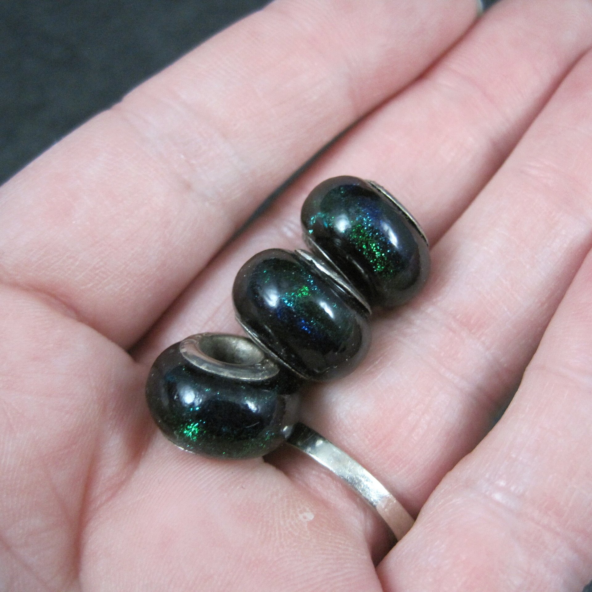 Lot of 3 Blue Green Black Art Glass Bead Charms Sterling Centers