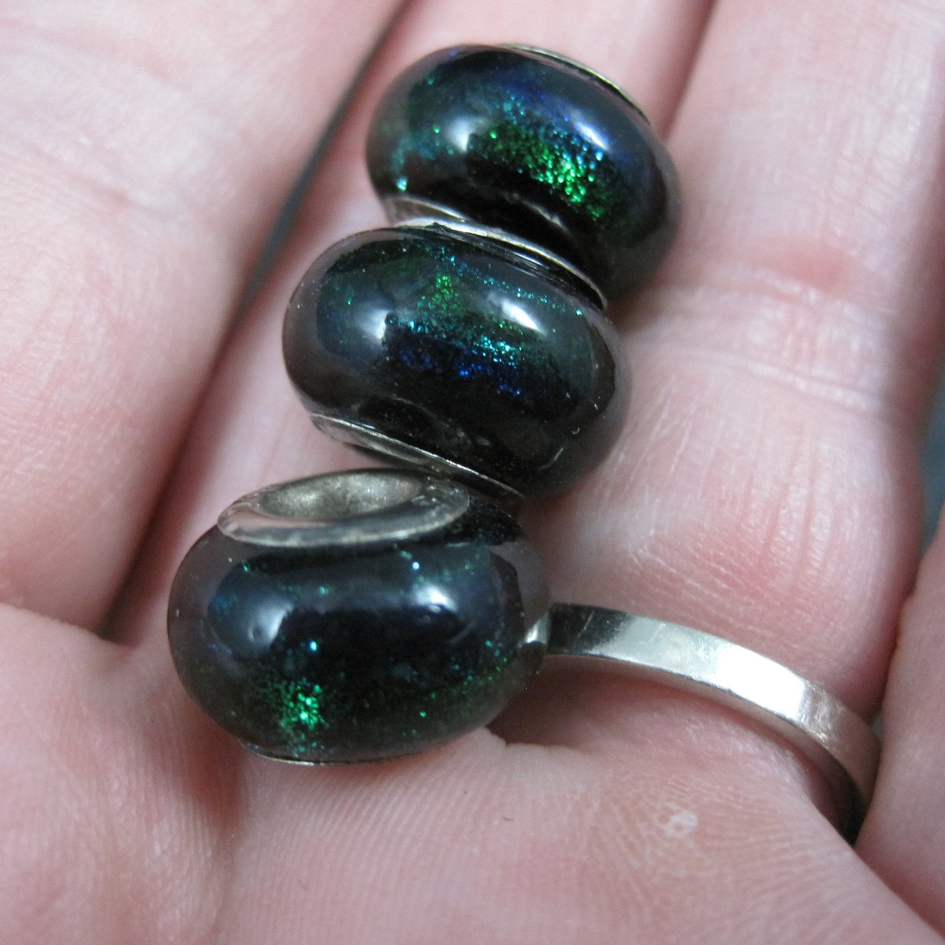Lot of 3 Blue Green Black Art Glass Bead Charms Sterling Centers