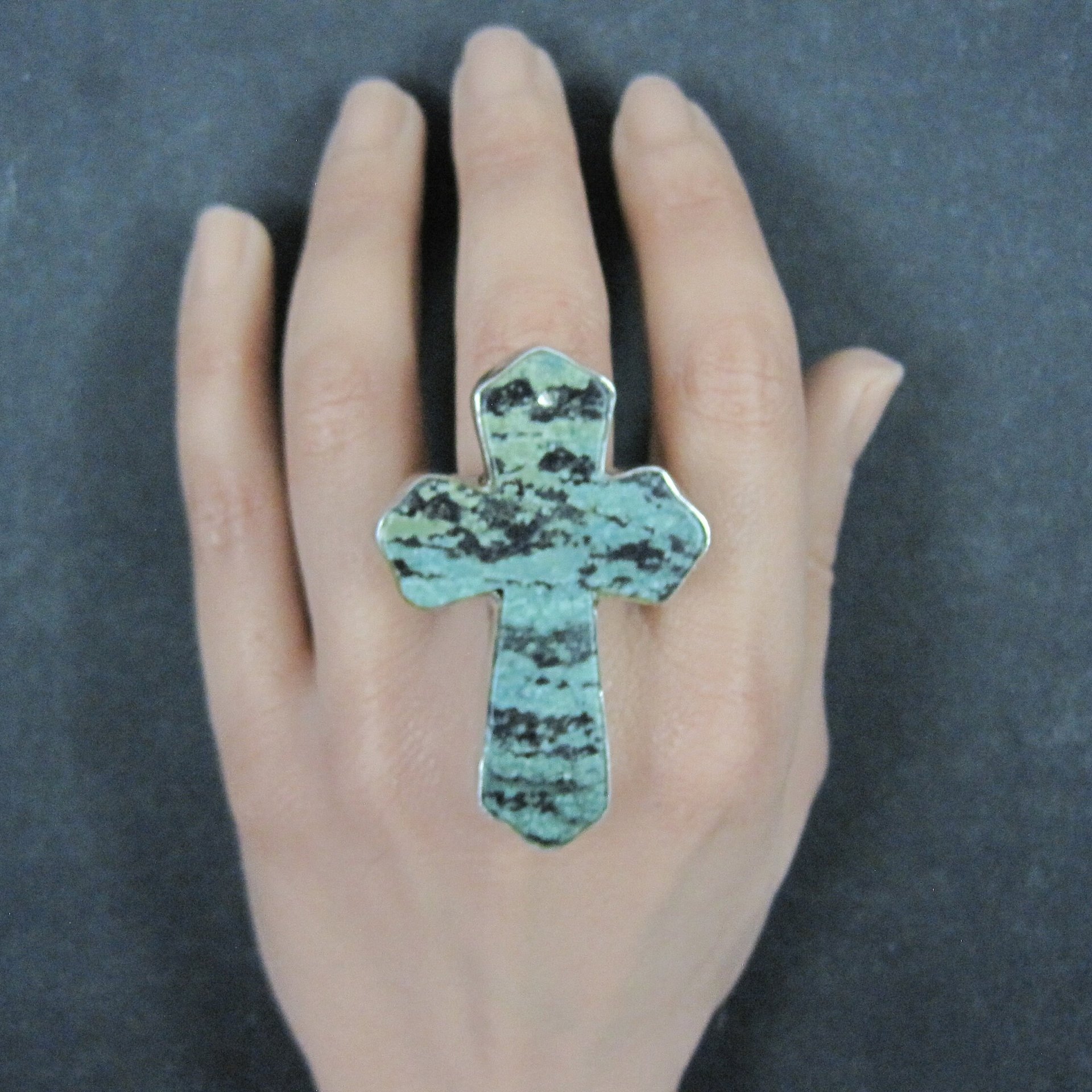 Huge Vintage Pixie Turquoise Cross Ring Size 7.5