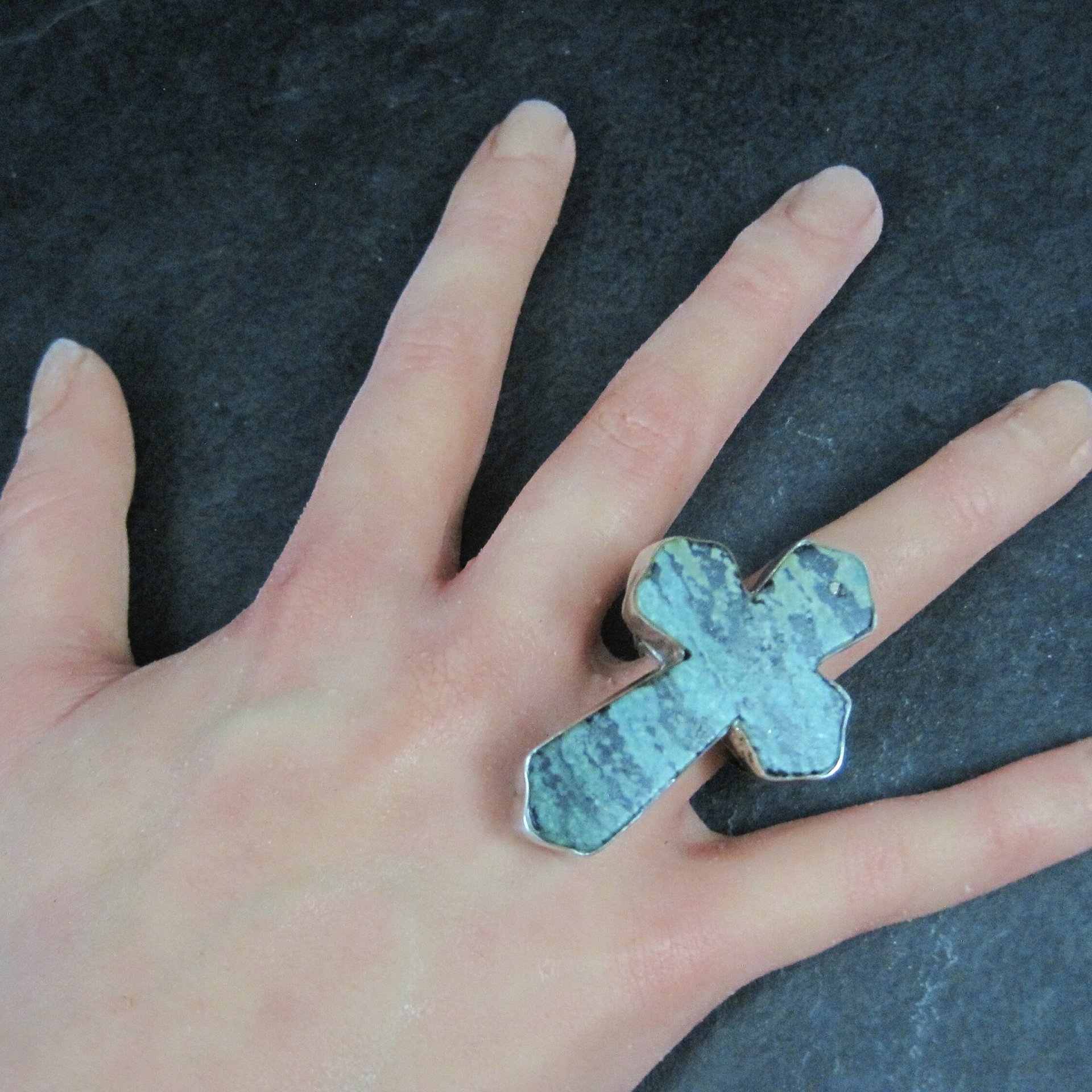 Huge Vintage Pixie Turquoise Cross Ring Size 7.5