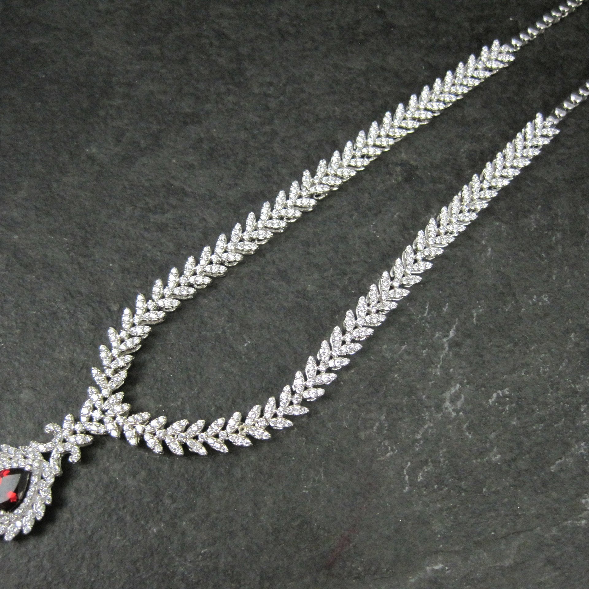 Stunning Estate Sterling Silver Garnet and Cz Necklace
