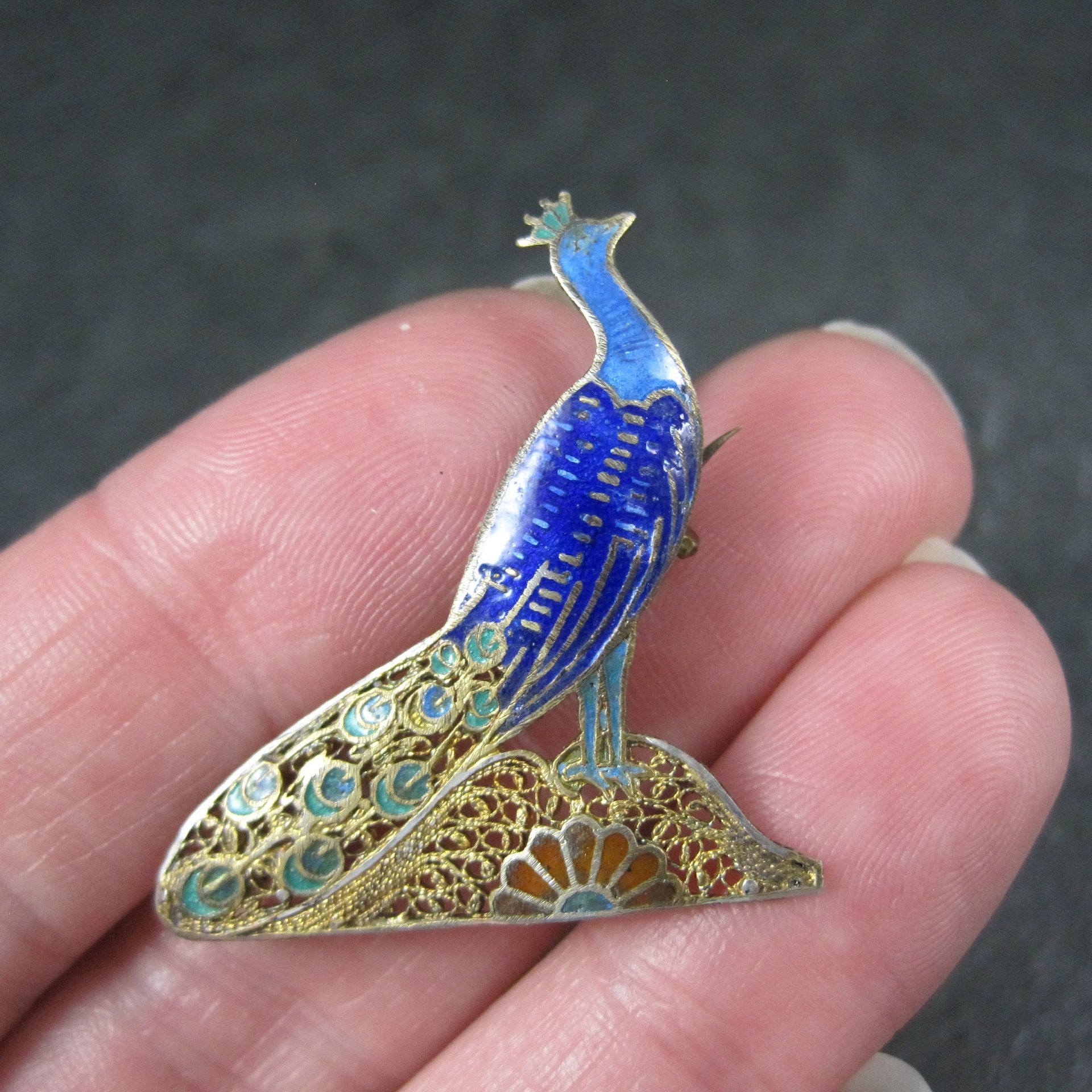 Antique Gold Gilt Silver Enamel Peacock Brooch