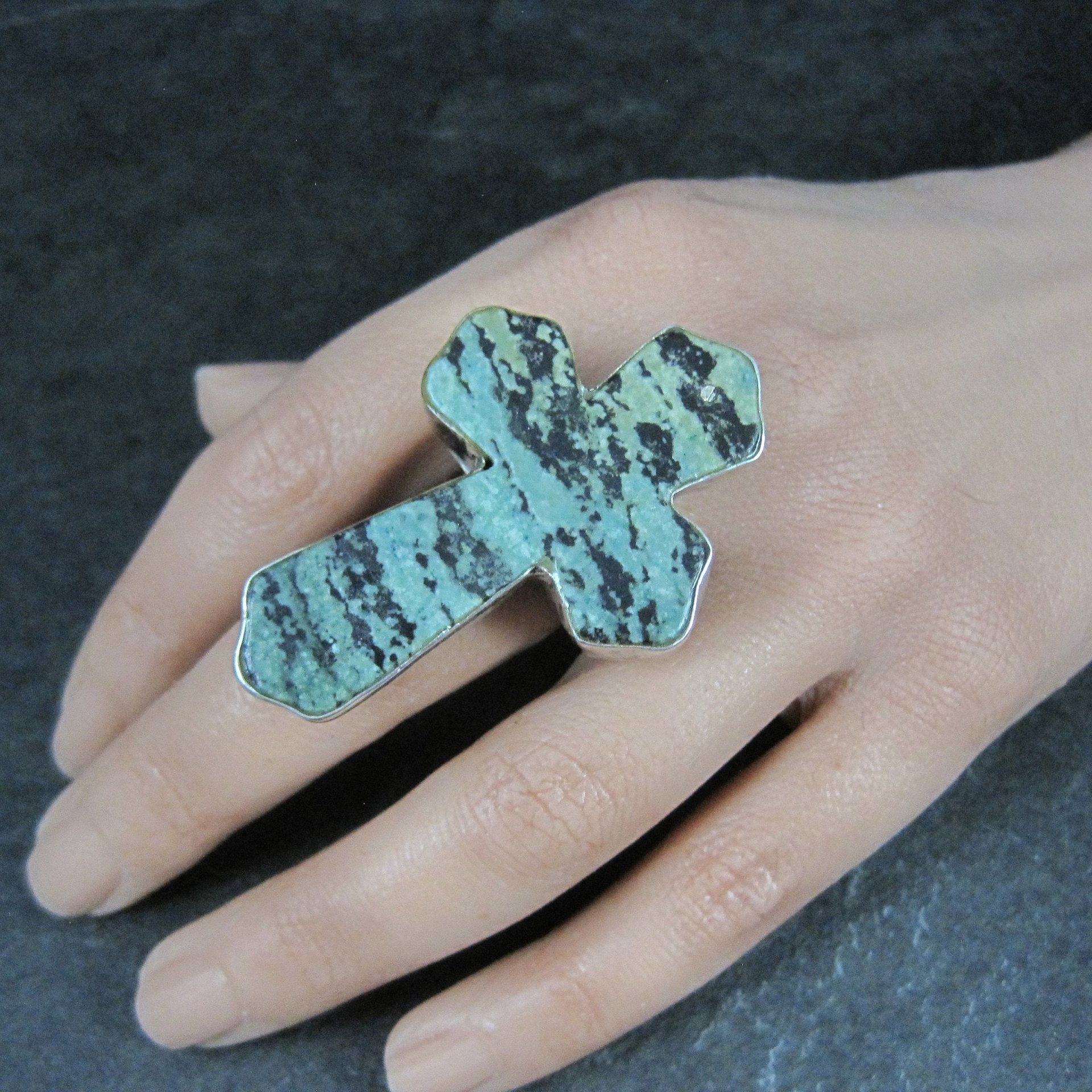 Huge Vintage Pixie Turquoise Cross Ring Size 7.5