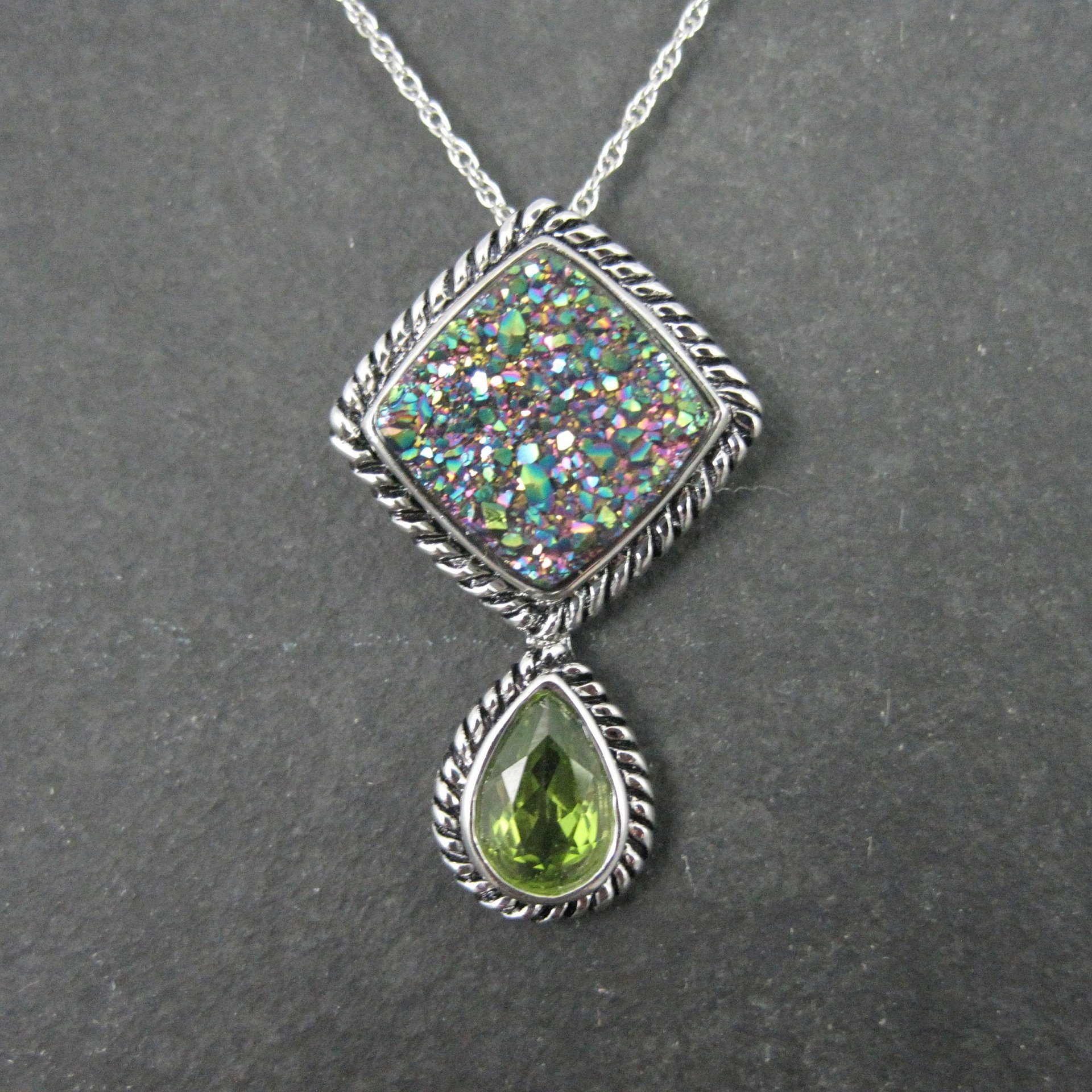 Estate Sterling Peridot Druzy Pendant Necklace