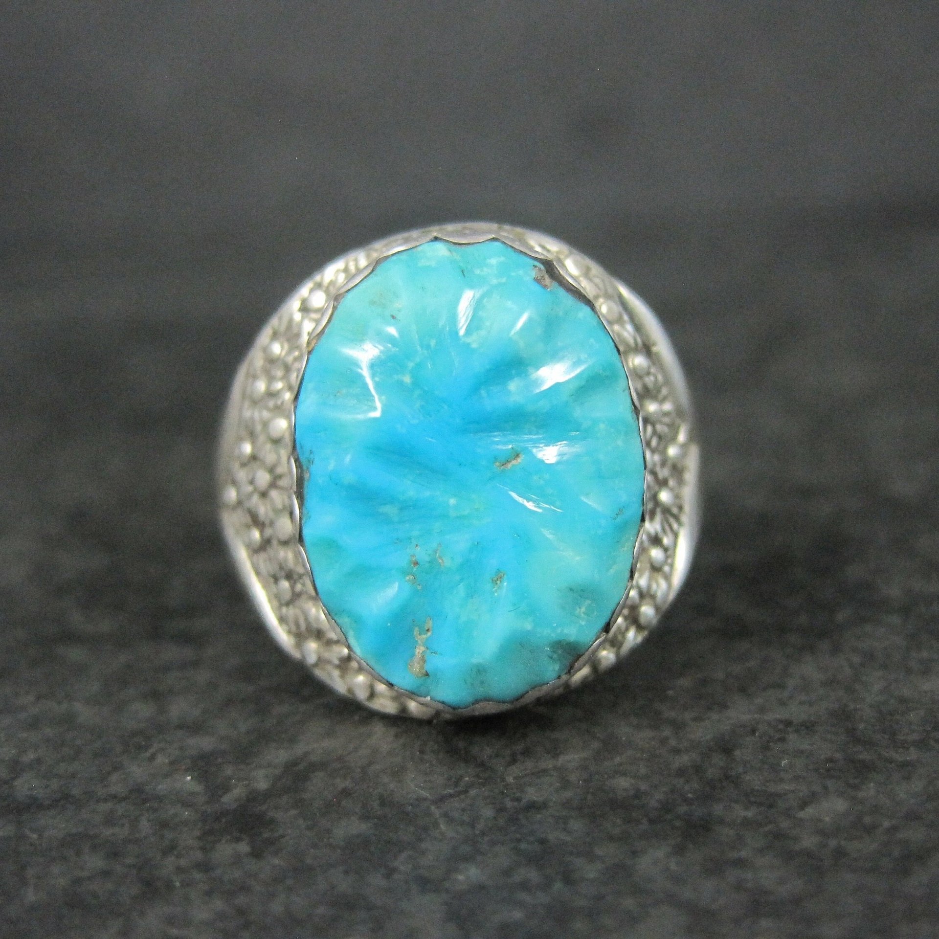 Vintage Southwestern Sterling Carved Turquoise Ring Size 12