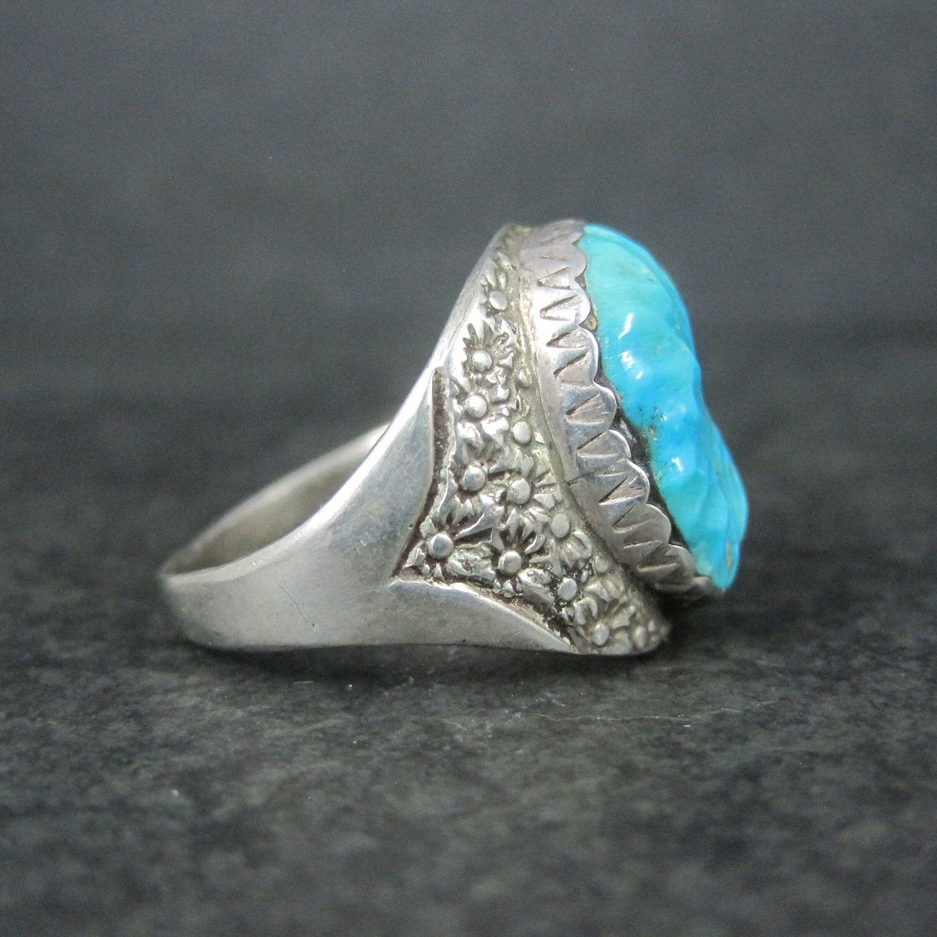 Vintage Southwestern Sterling Carved Turquoise Ring Size 12