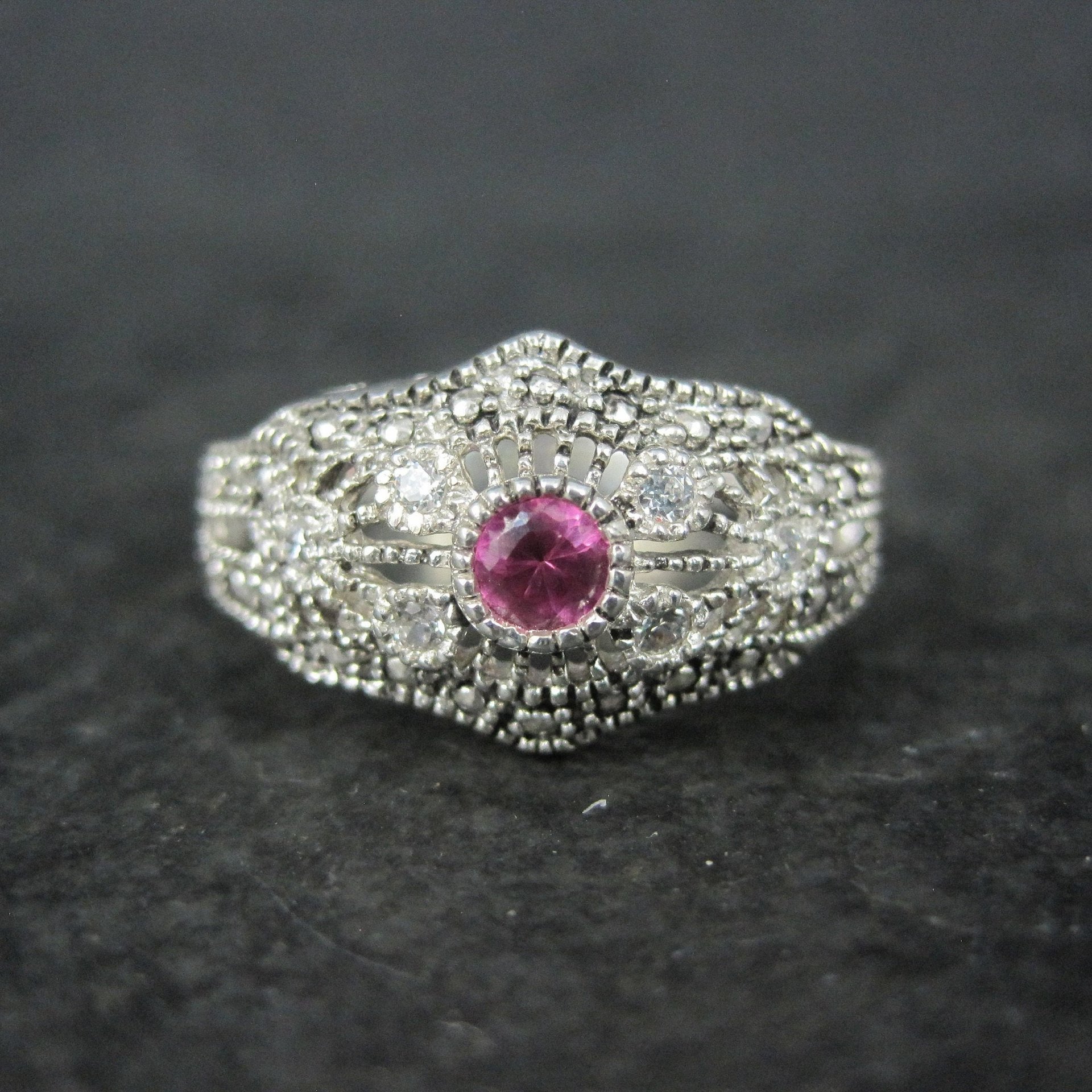 Vintage Sterling Filigree Ruby Ring Size 10