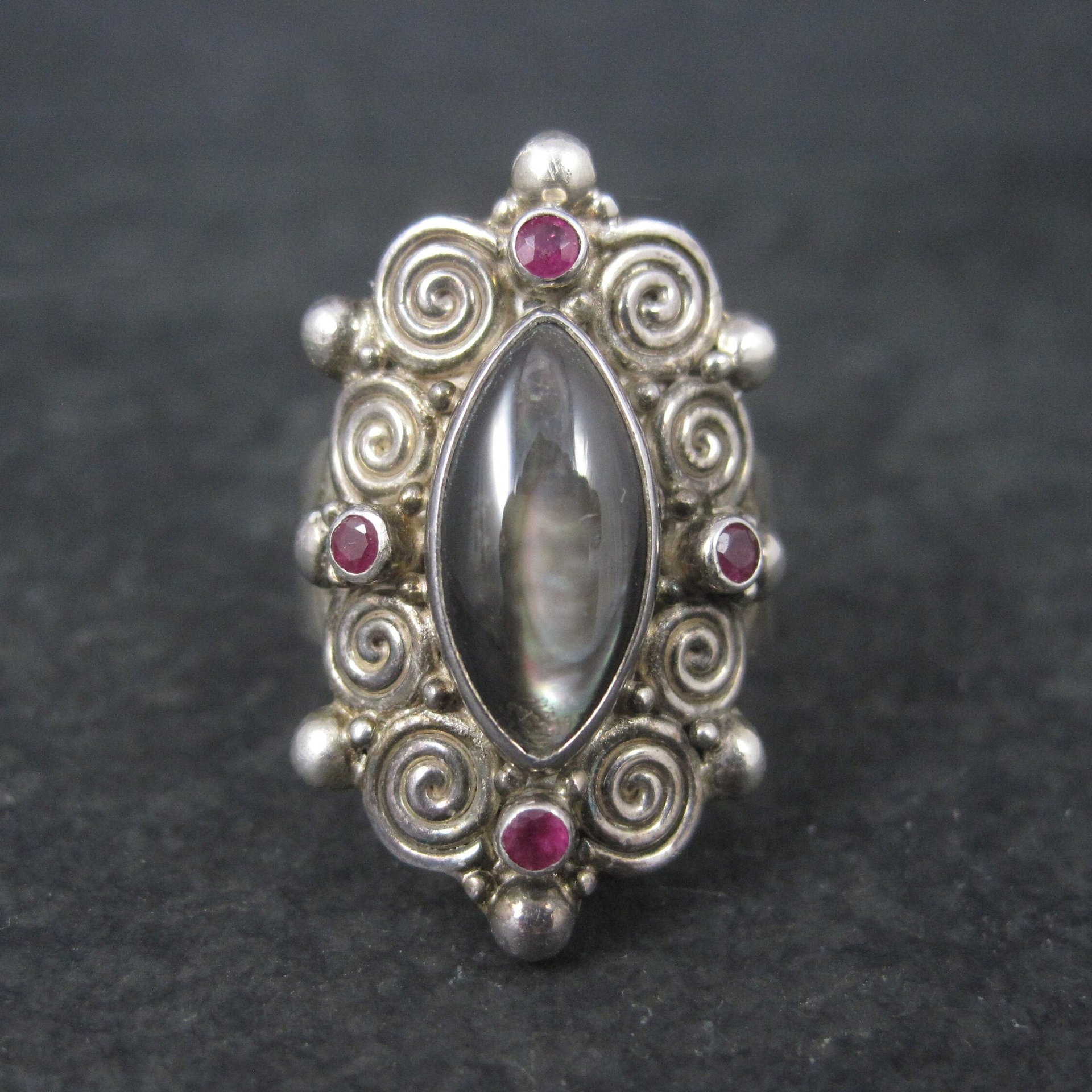 Vintage Sajen Black Mother of Pearl Ruby Ring Size 8