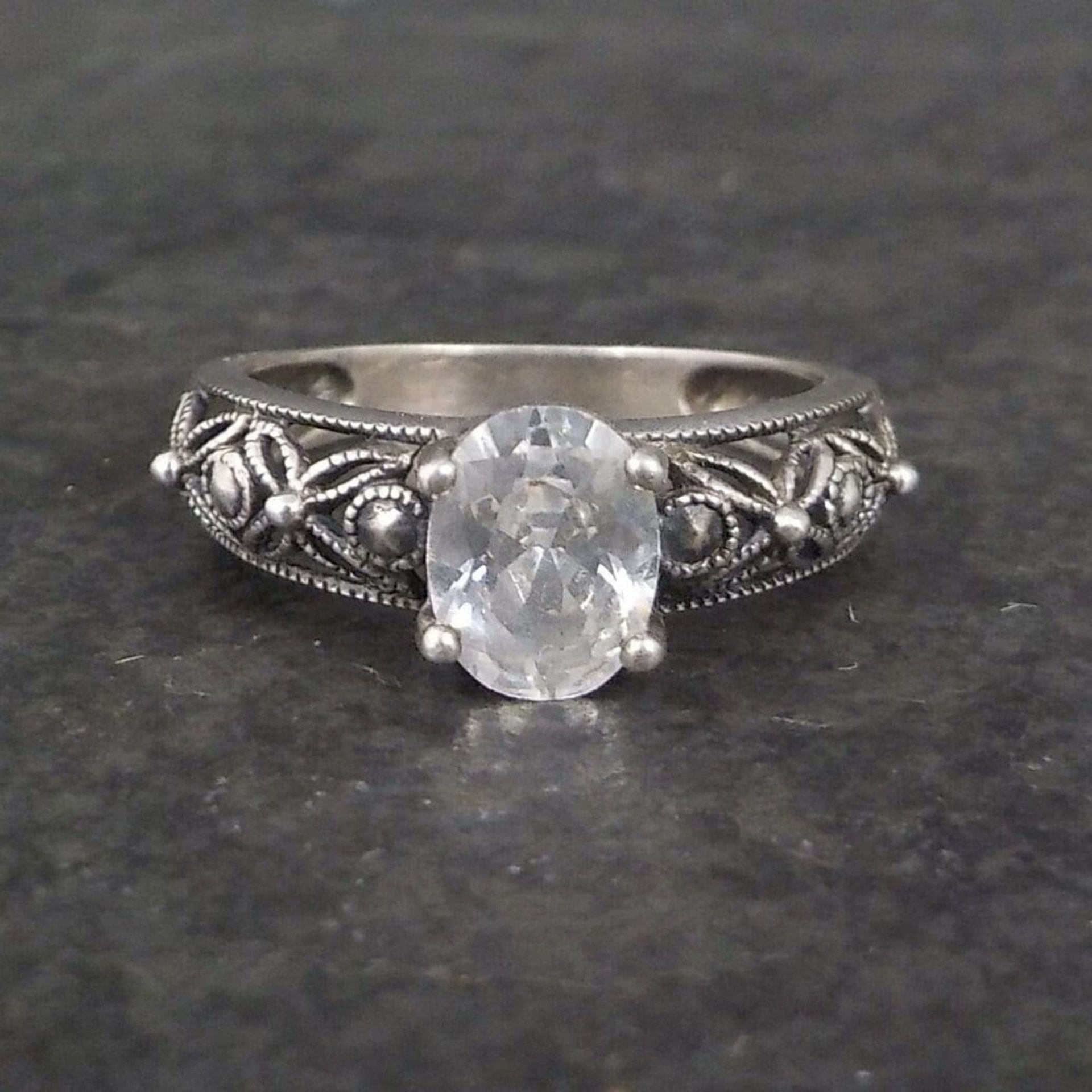 Vintage Sterling Filigree Cz Solitaire Ring Size 8