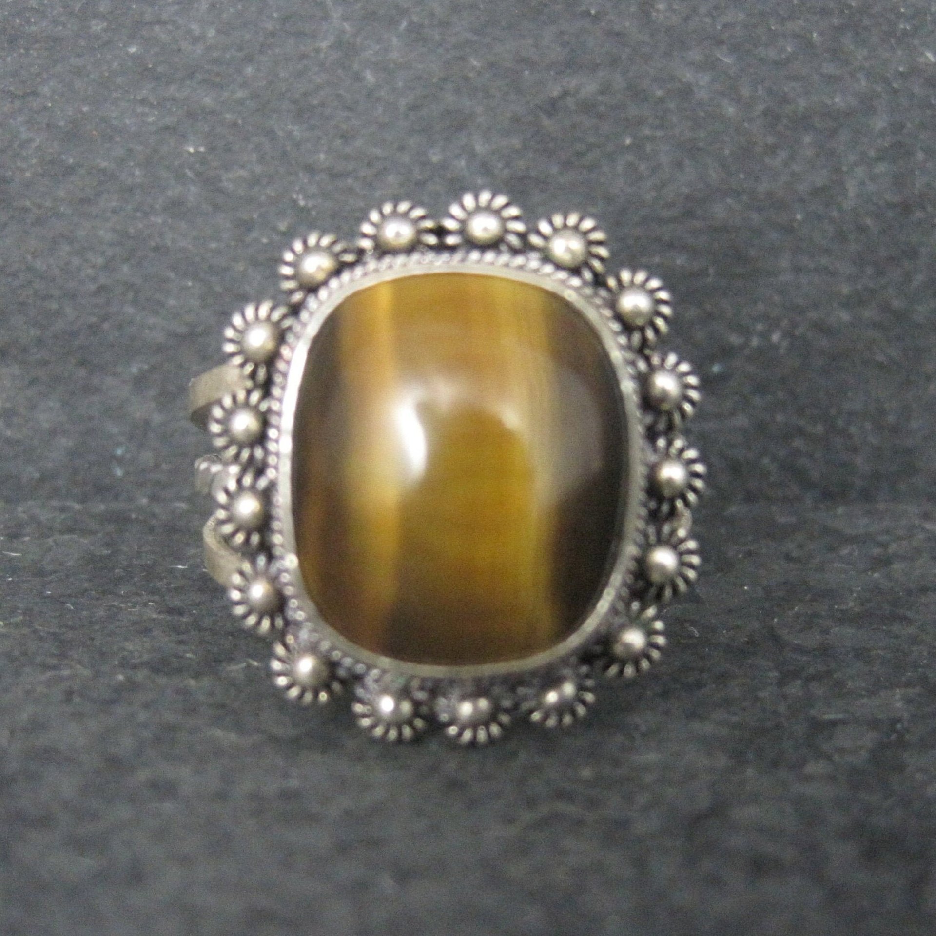 Vintage 950 Sterling Cannetille Tigers Eye Ring Adjustable Size 9