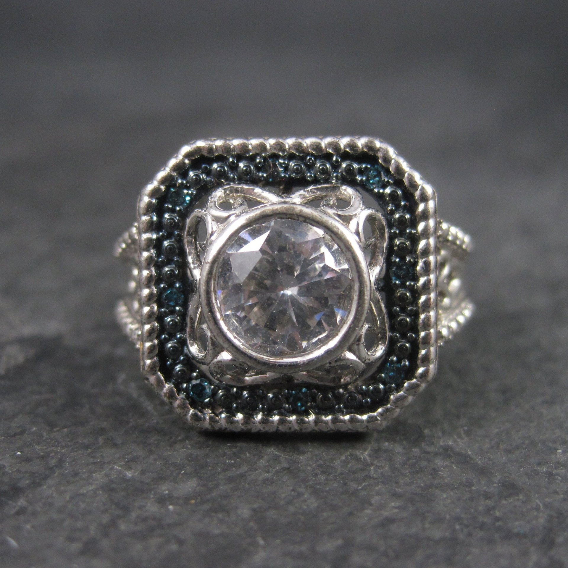 Chunky Handset 1.25 Carat Cubic Zirconia Blue Diamond Cocktail Halo Ring Size 9