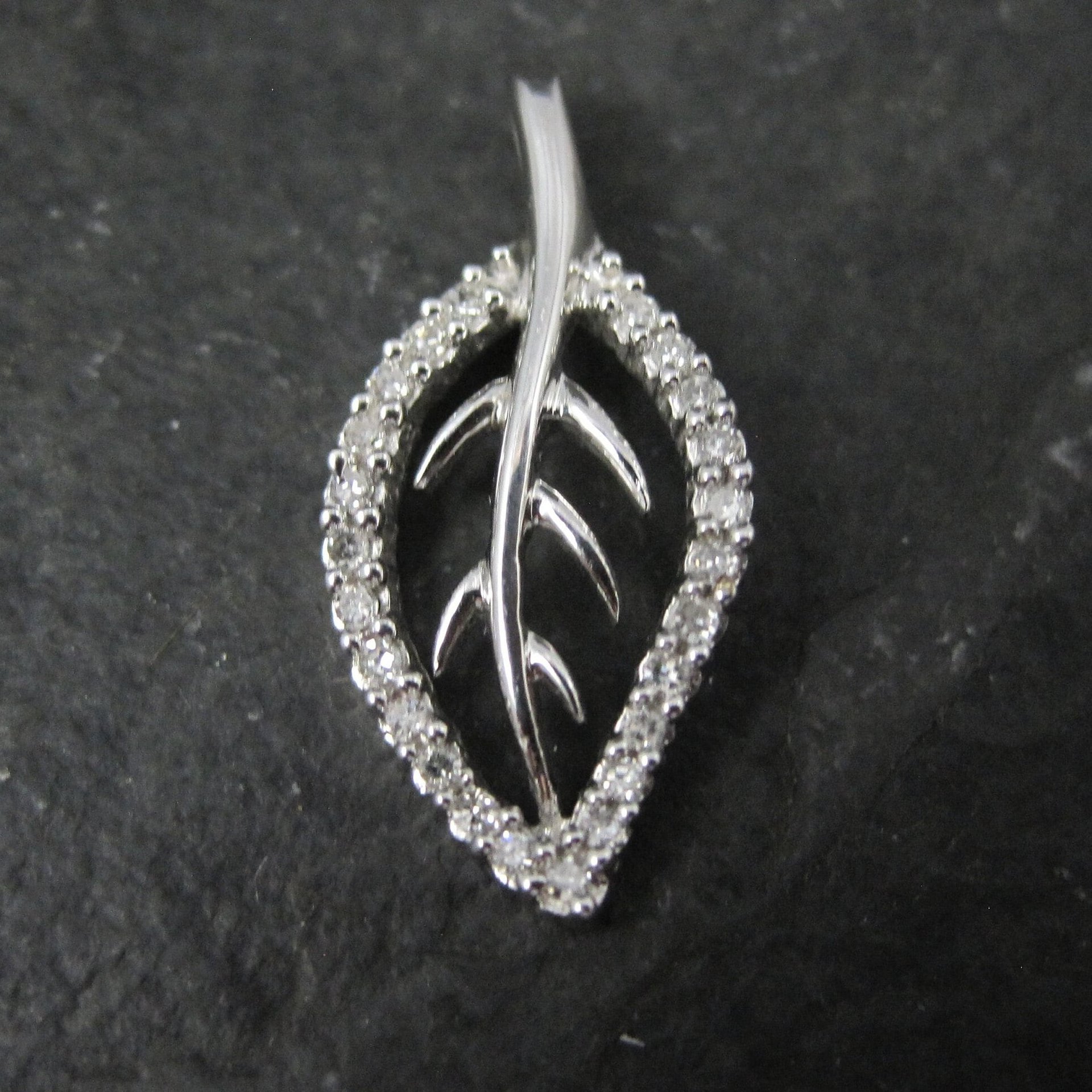 Vintage 10K White Gold Leaf Pendant | Diamond Accent Nature Jewelry