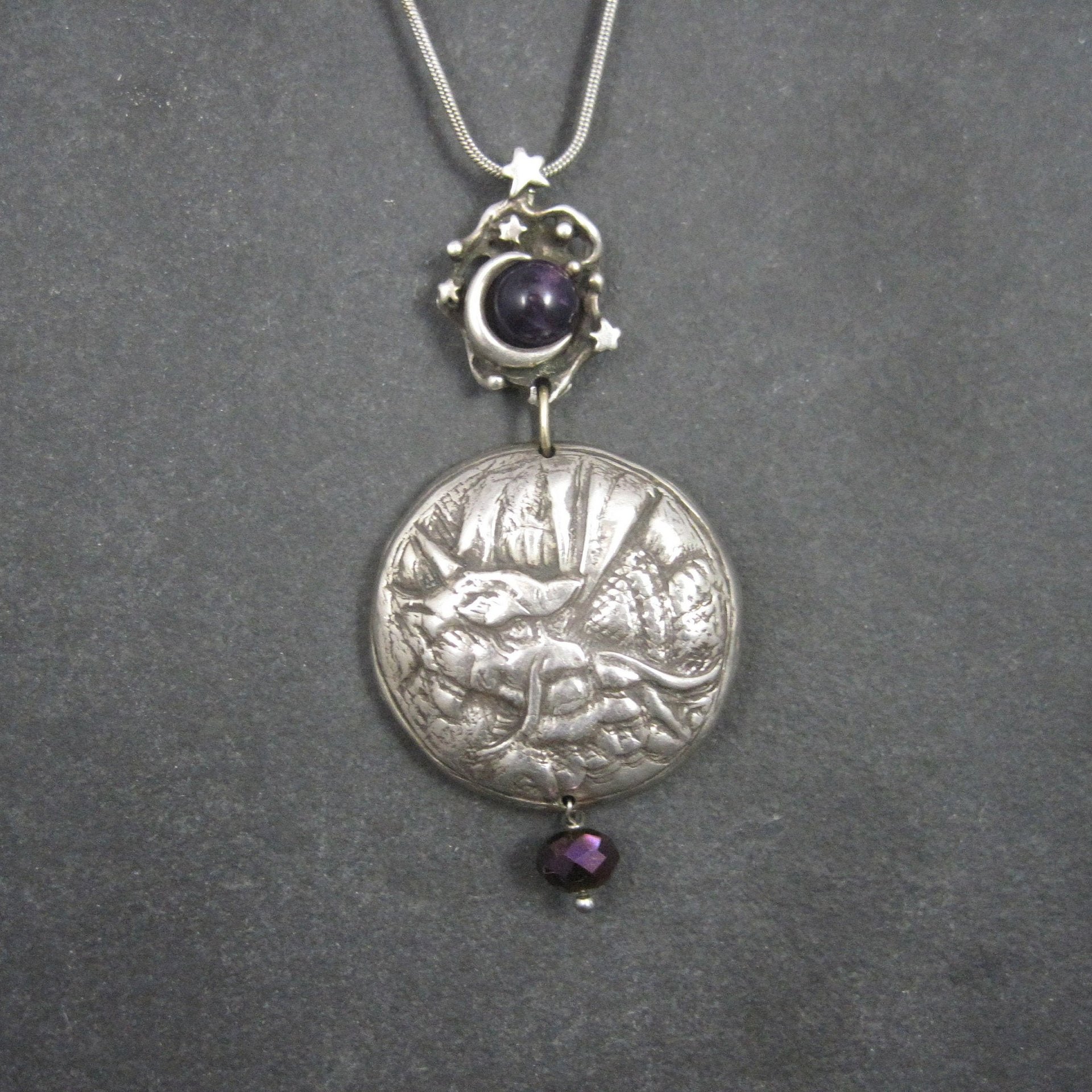 Heavy Sterling Amethyst Dragon Moon Pendant Necklace