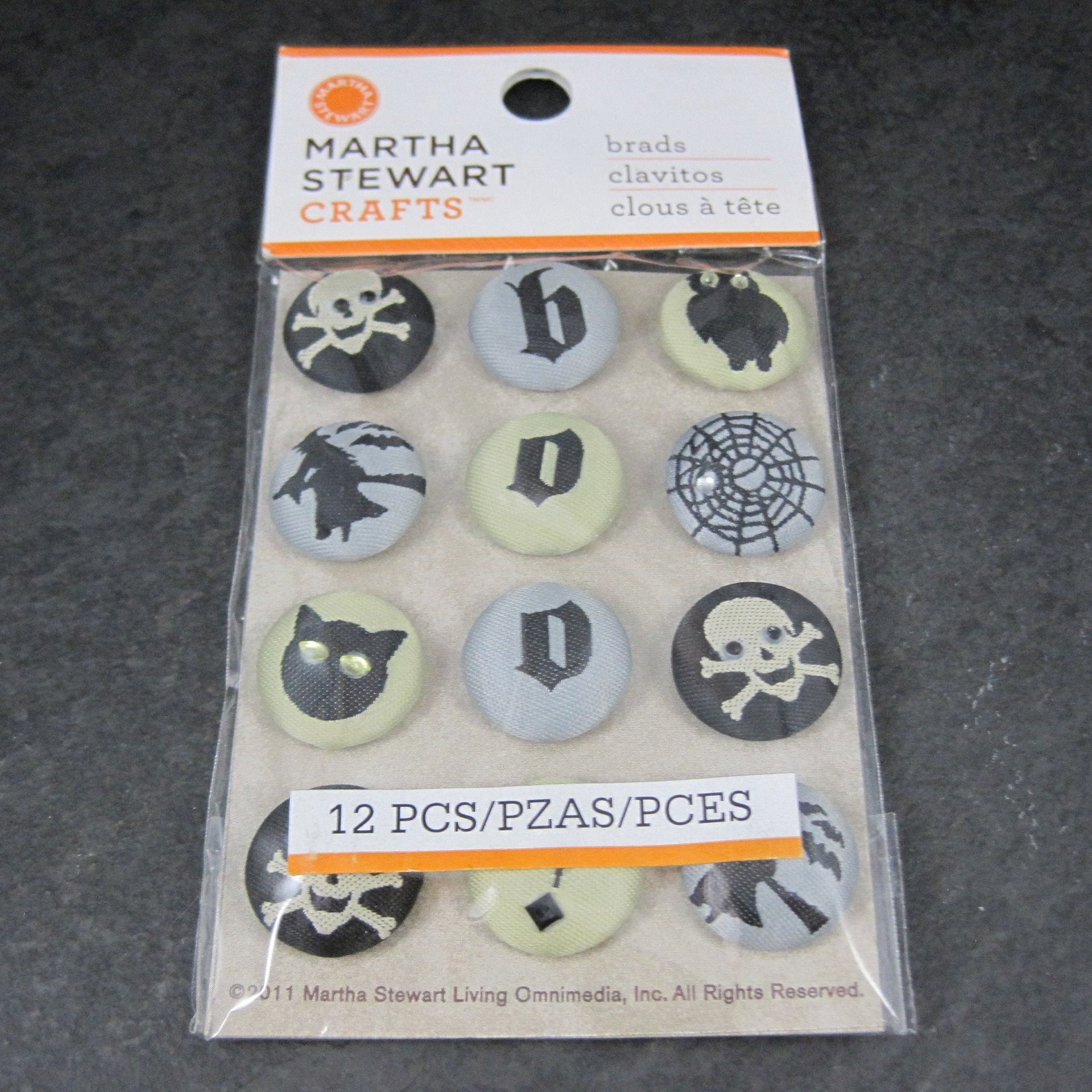 Martha Stewart Halloween Fabric Brads: Skull, Witch, Cat - Set of 12