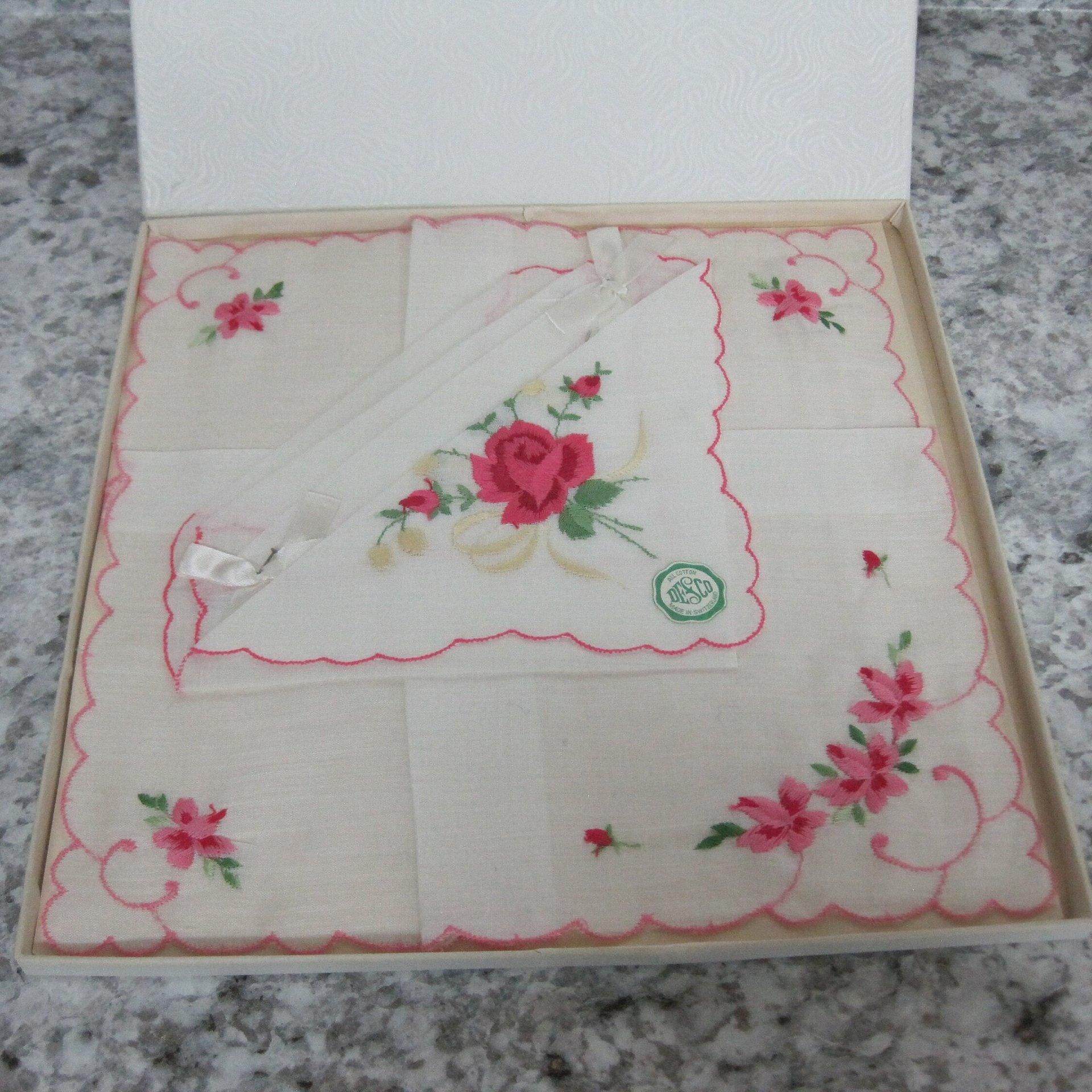 Vintage Embroidered Rose Hankies Set of 2 Cotton Desco Original Box Gift Set