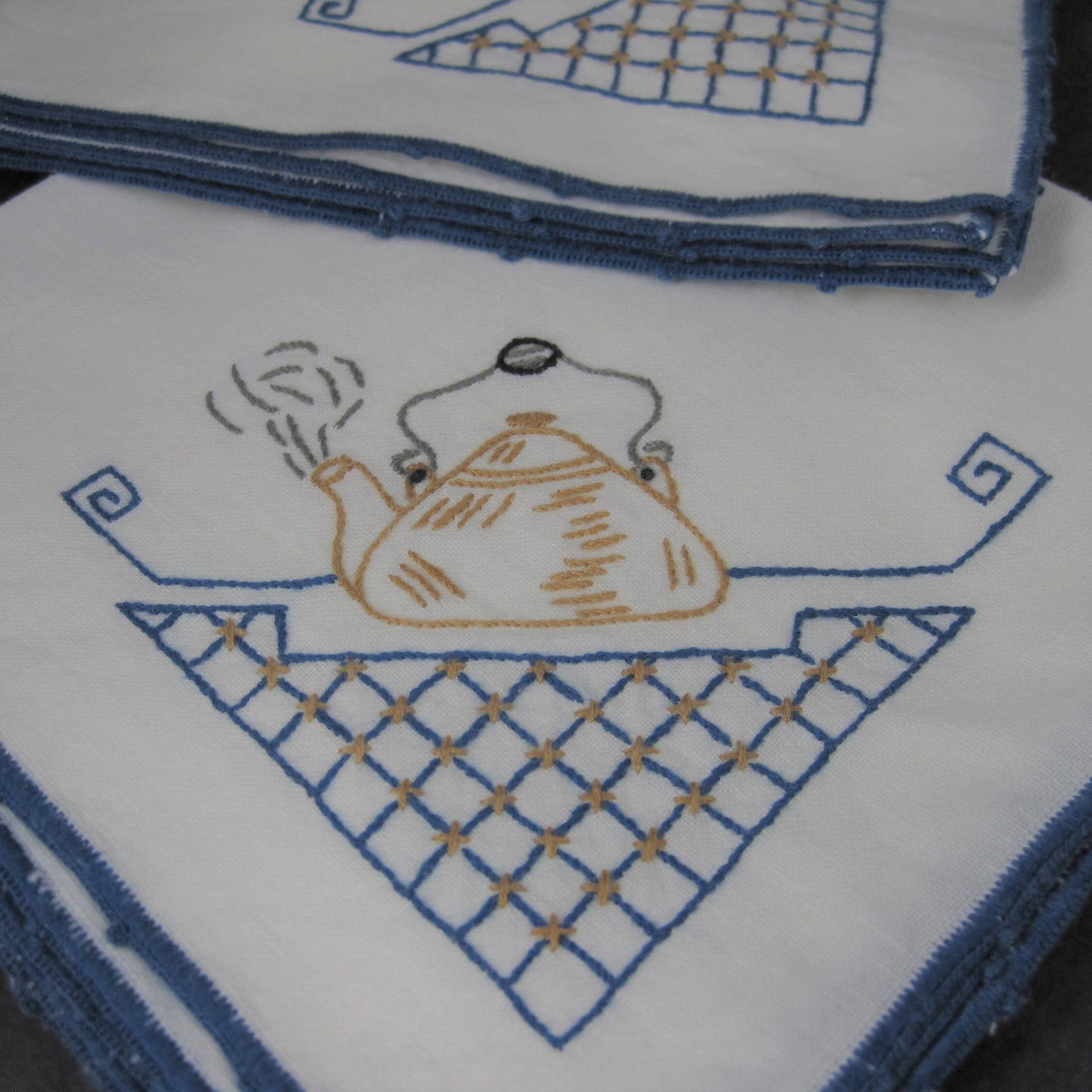 Vintage Hand Embroidered Teapot Napkins Blue White Gold Set of 4