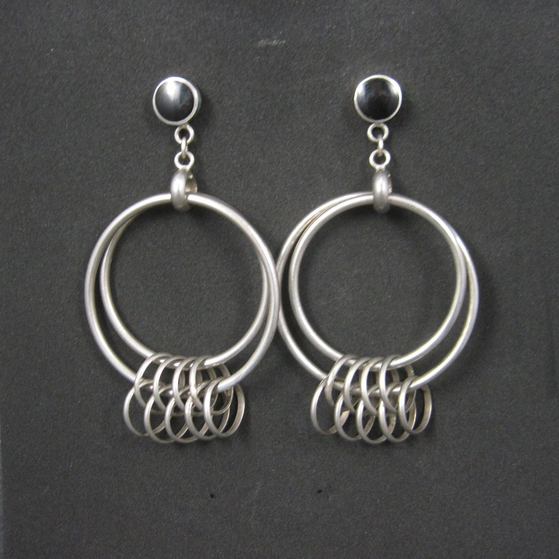 Large Vintage Sterling Onyx Circle Earrings