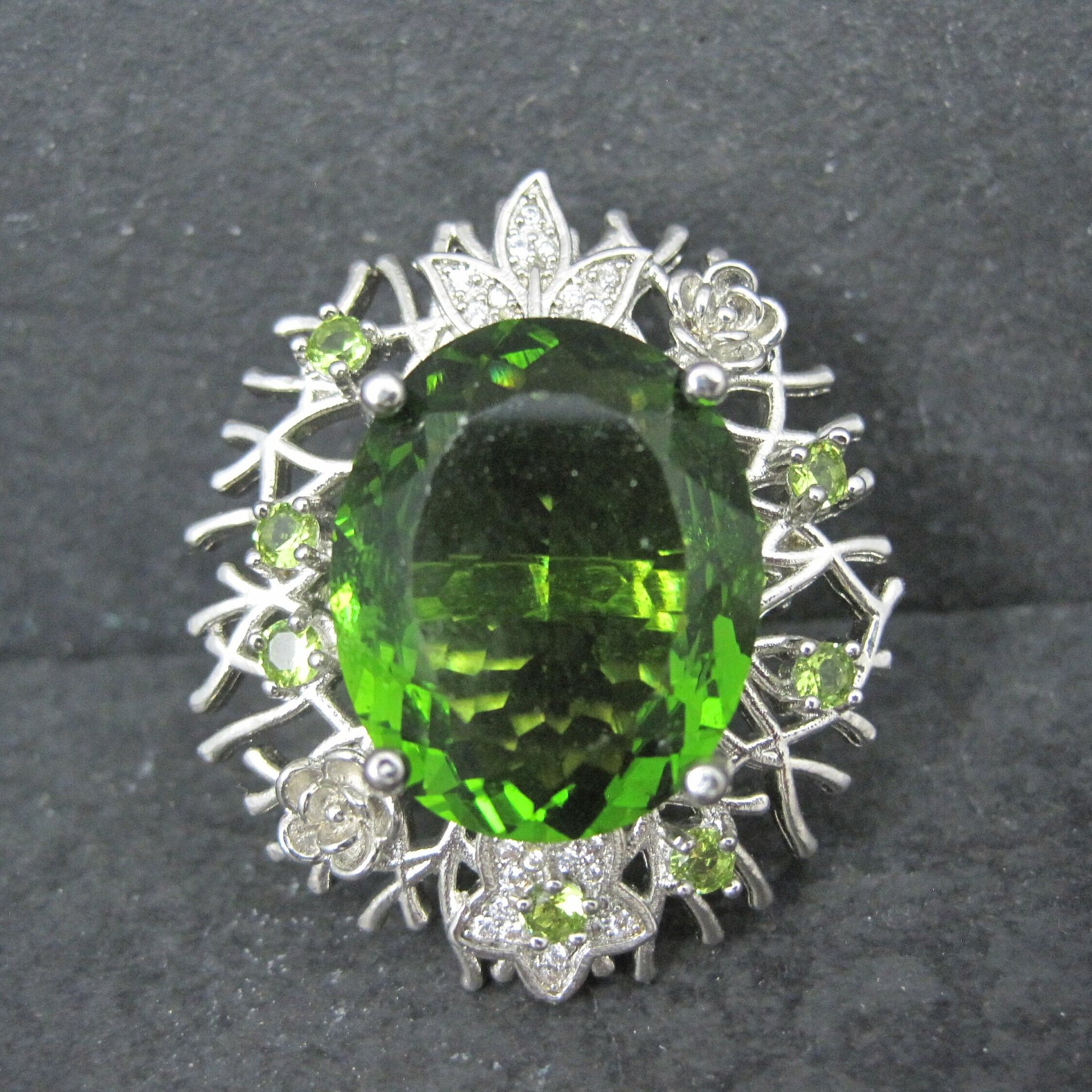 Huge Sterling Silver Floral Nature Ring Size 8 Green Cz