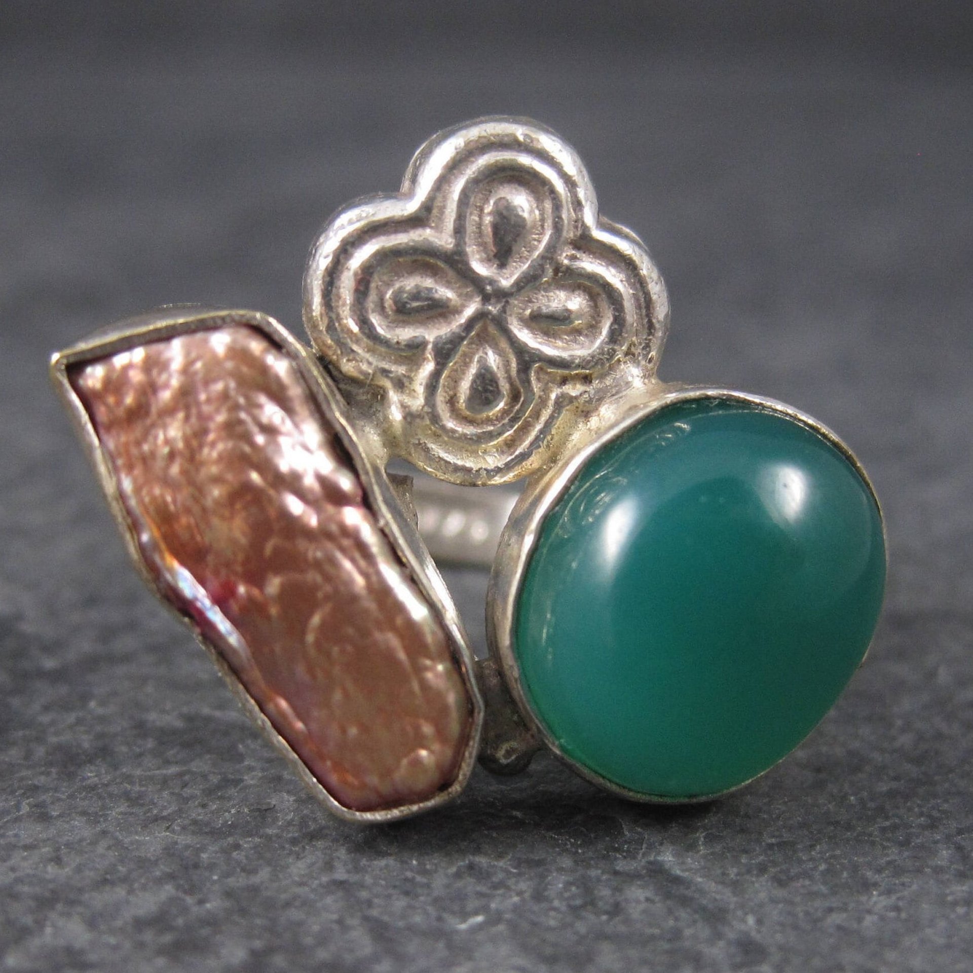 Vintage Green Onyx Baroque Pearl Ring Sterling Size 7