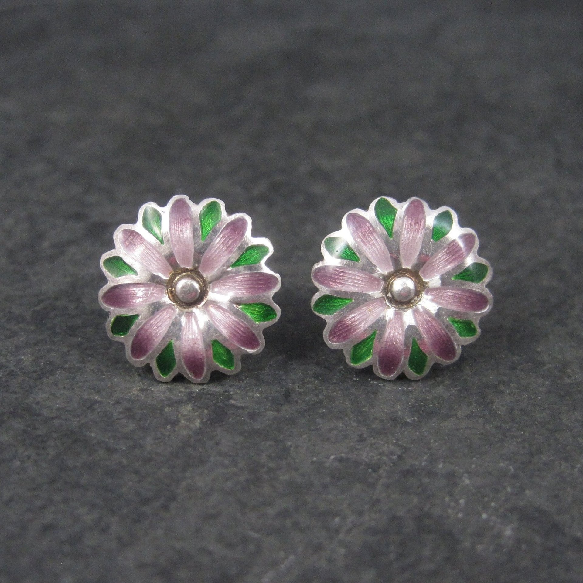 Vintage 980 Sterling Purple Enamel Flower Earrings