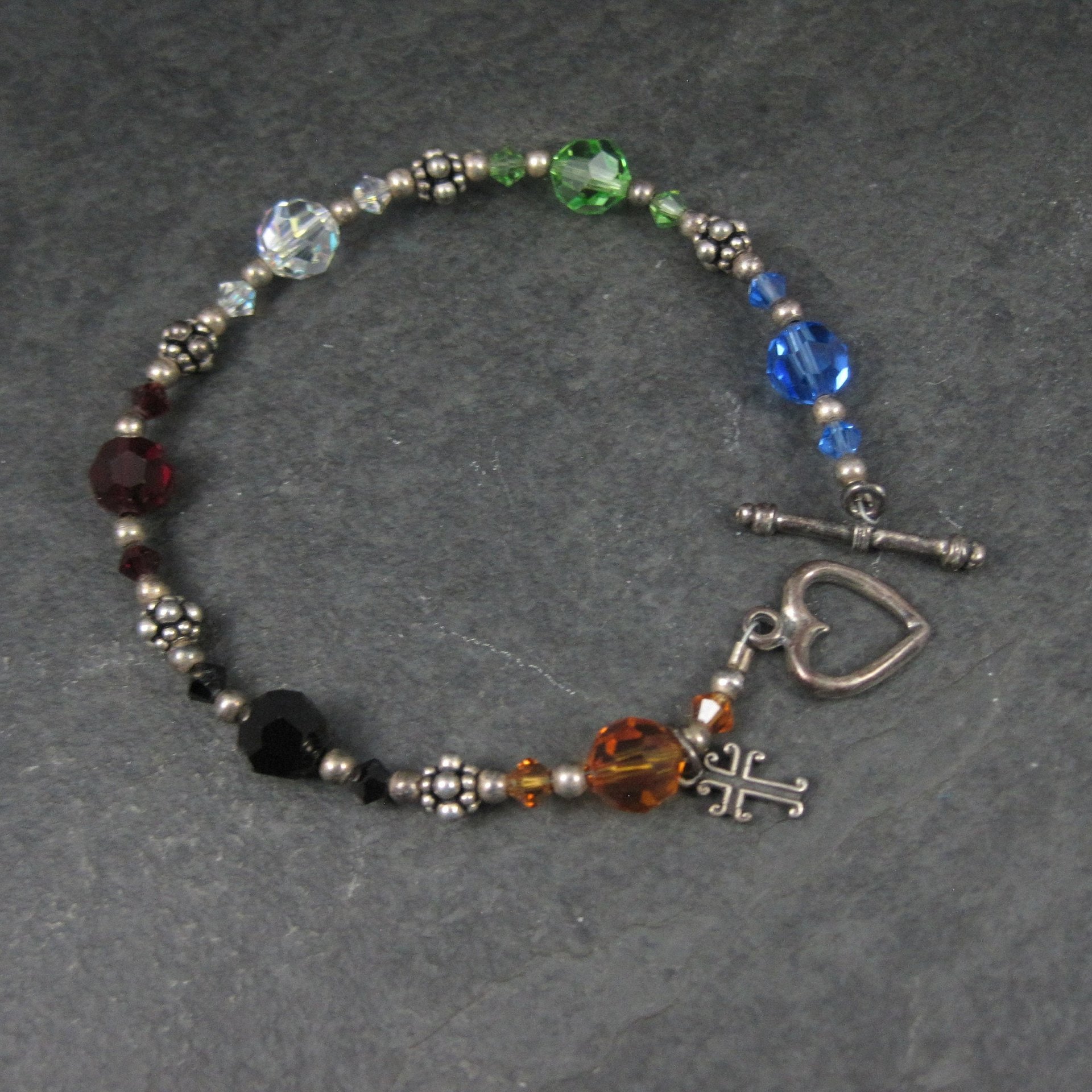 Vintage Sterling Rainbow Crystal Cross Toggle Bracelet 8"