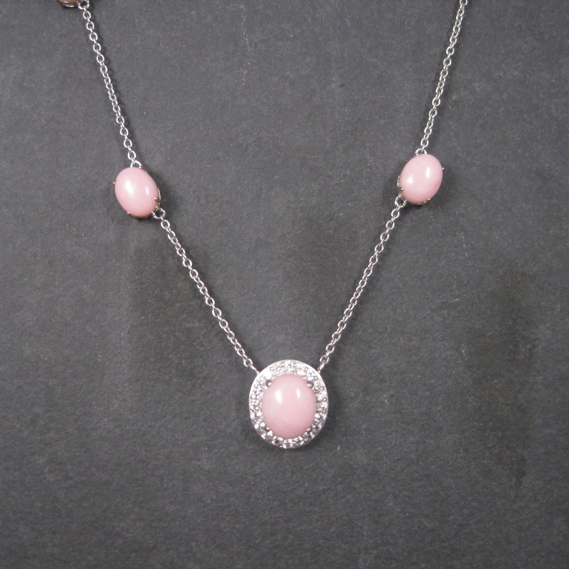 Vintage Sterling Pink Opal White Topaz Halo Necklace 24 Inches