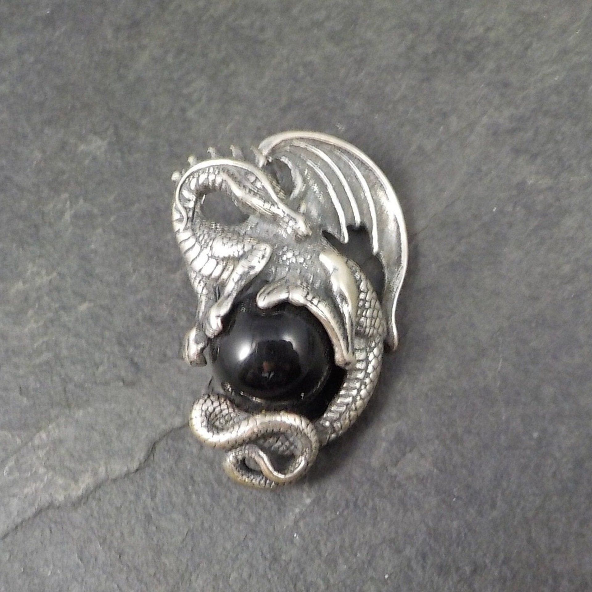 Vintage Sterling Silver Black Onyx Dragon Pendant