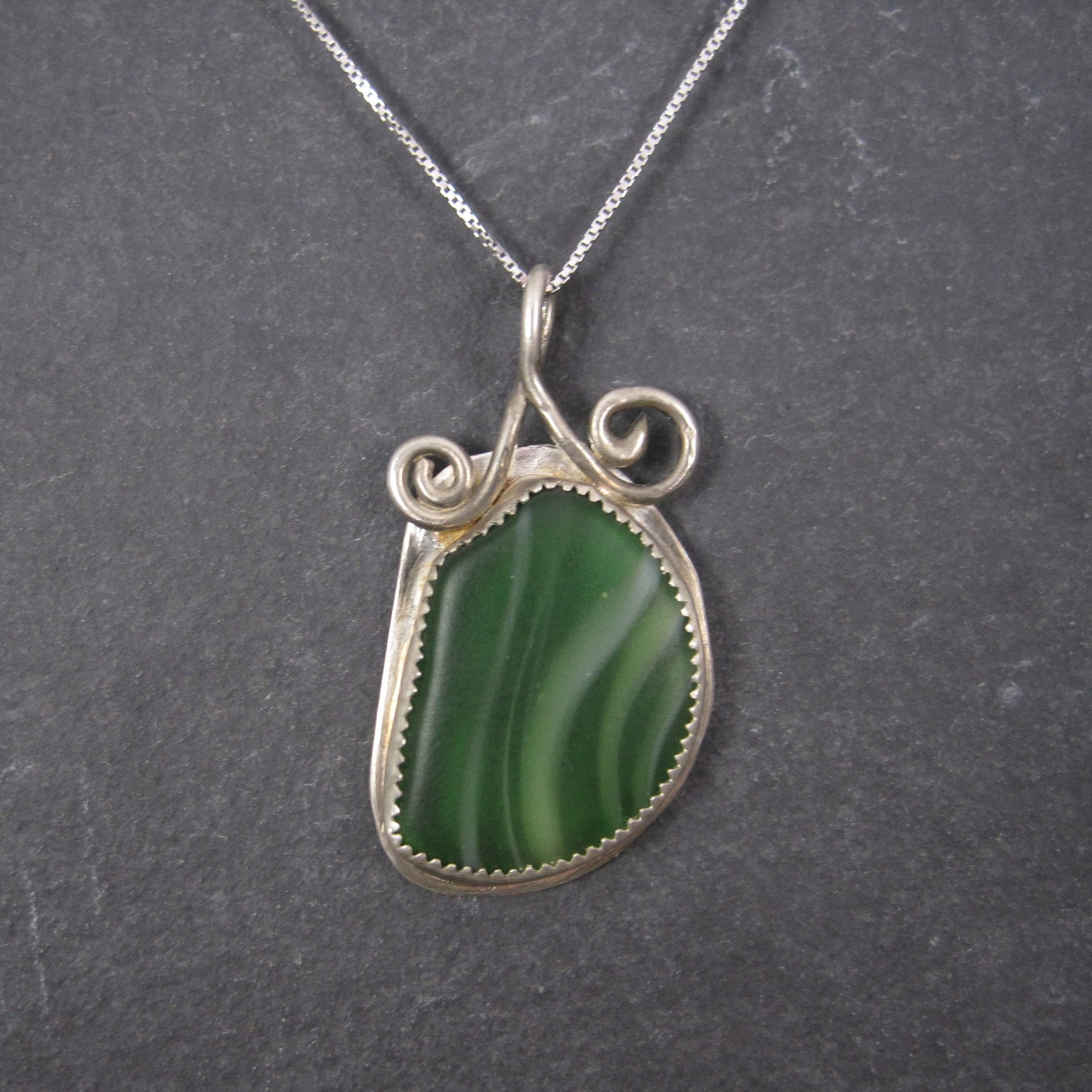 Vintage Sterling Green Beach Glass Pendant Necklace