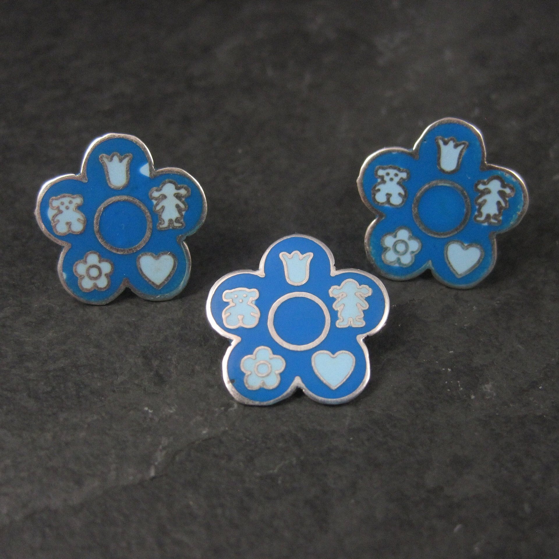 Vintage Sterling Blue Enamel Flower Pendant and Earrings Jewelry Set