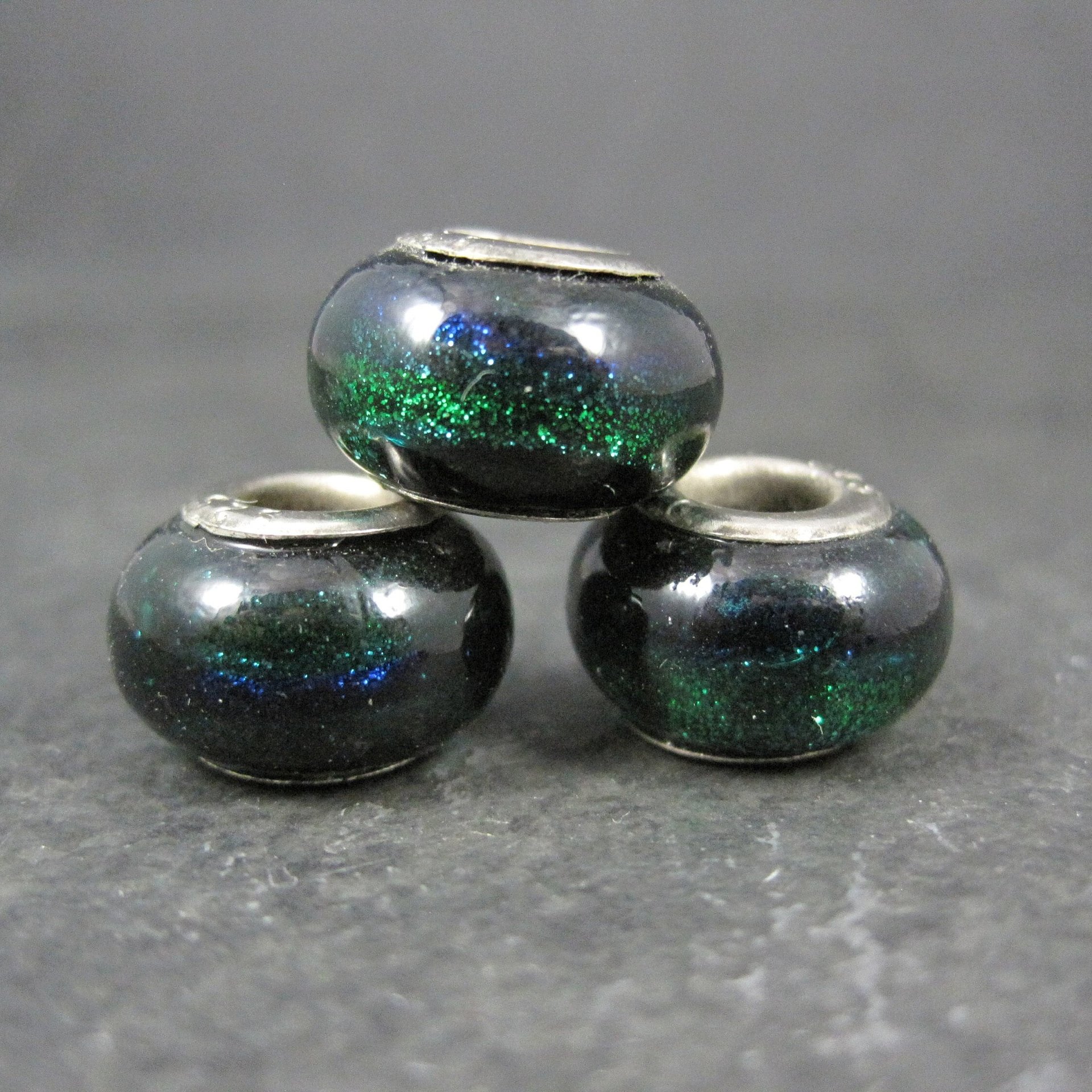 Lot of 3 Blue Green Black Art Glass Bead Charms Sterling Centers