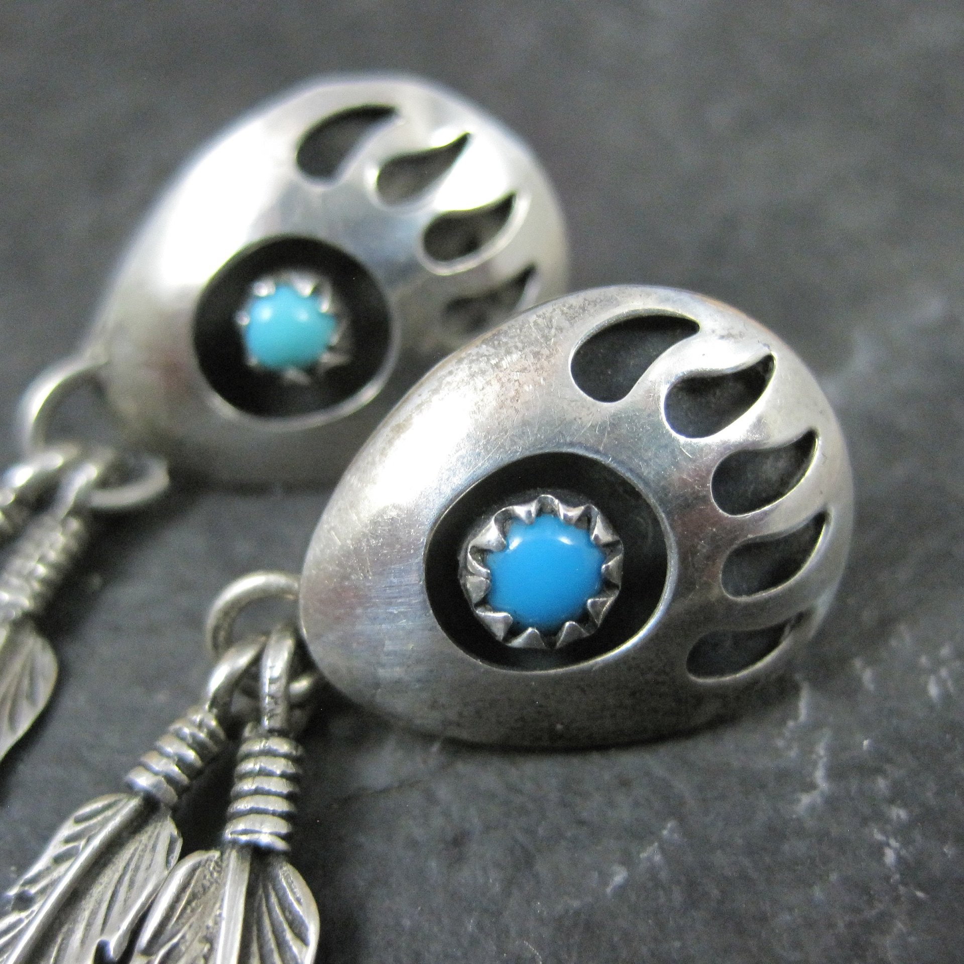 Sterling Turquoise Bear Paw Earrings Vintage Southwestern Native American Signed
