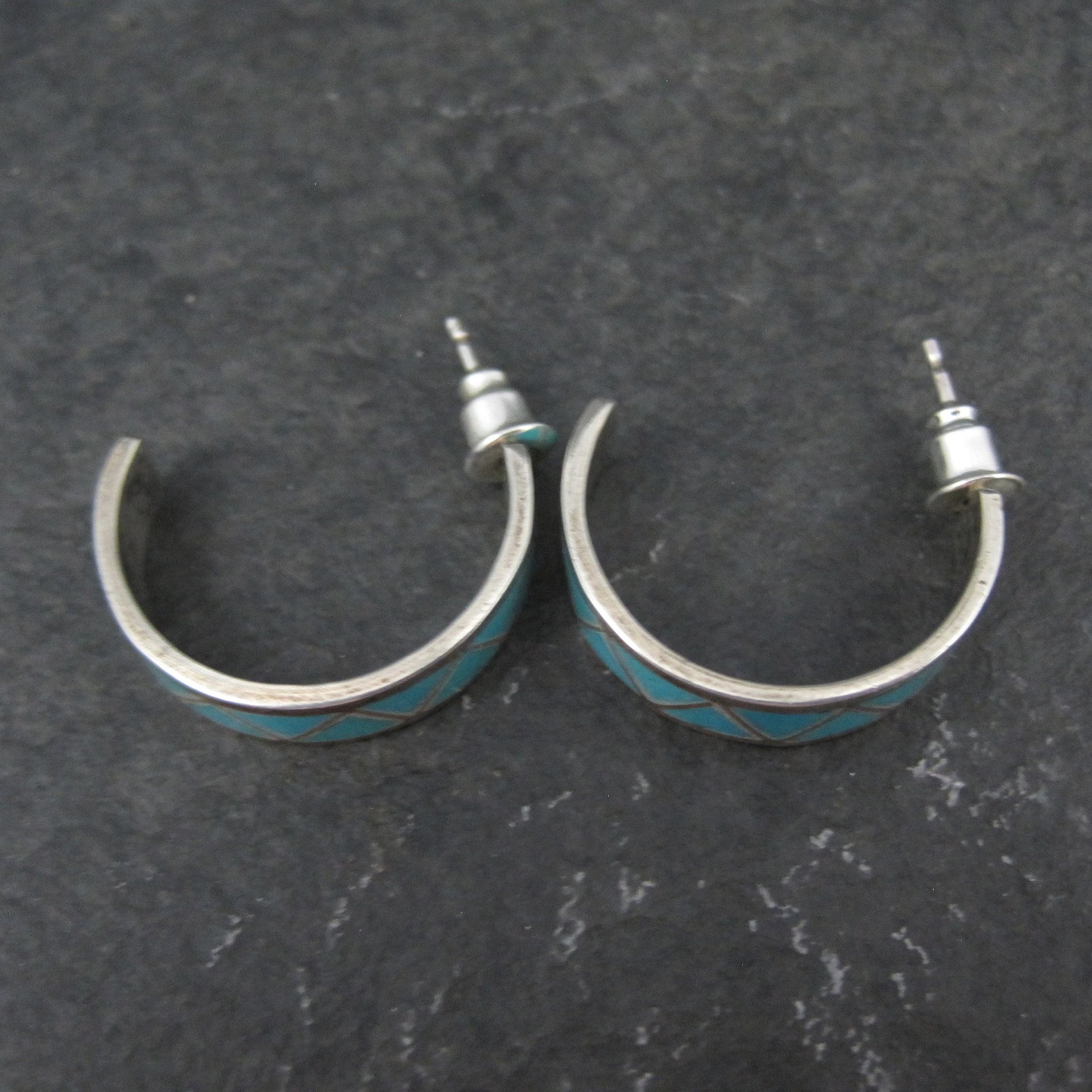 Vintage Sterling Silver Turquoise Inlay Half Hoop Earrings Southwestern
