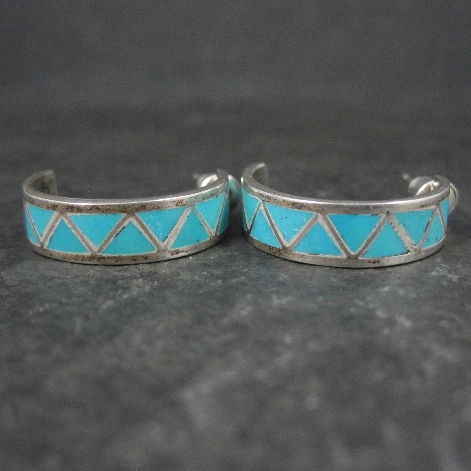 Vintage Sterling Silver Turquoise Inlay Half Hoop Earrings Southwestern