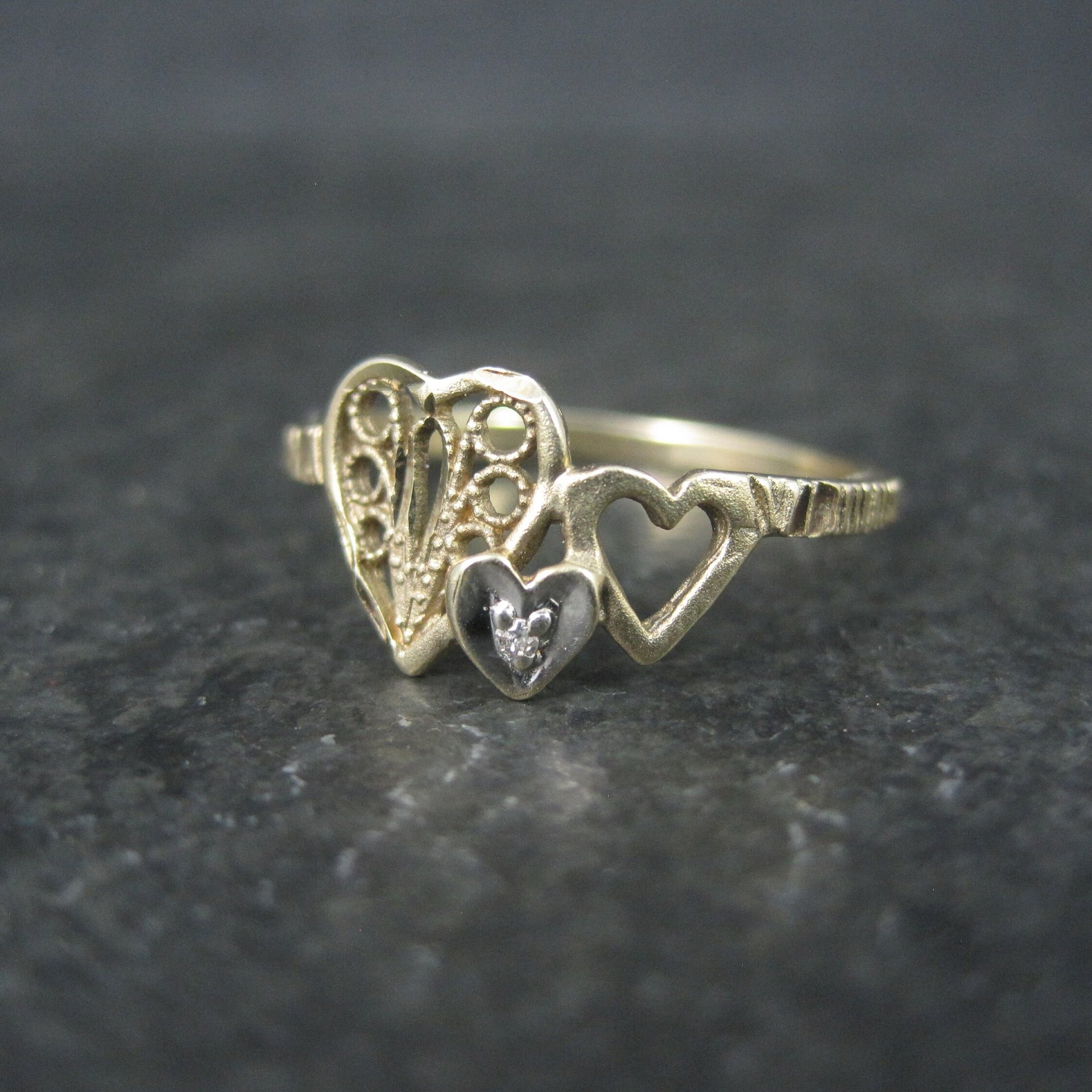 Dainty 10K Diamond Heart Ring Size 6 Yellow Gold Filigree