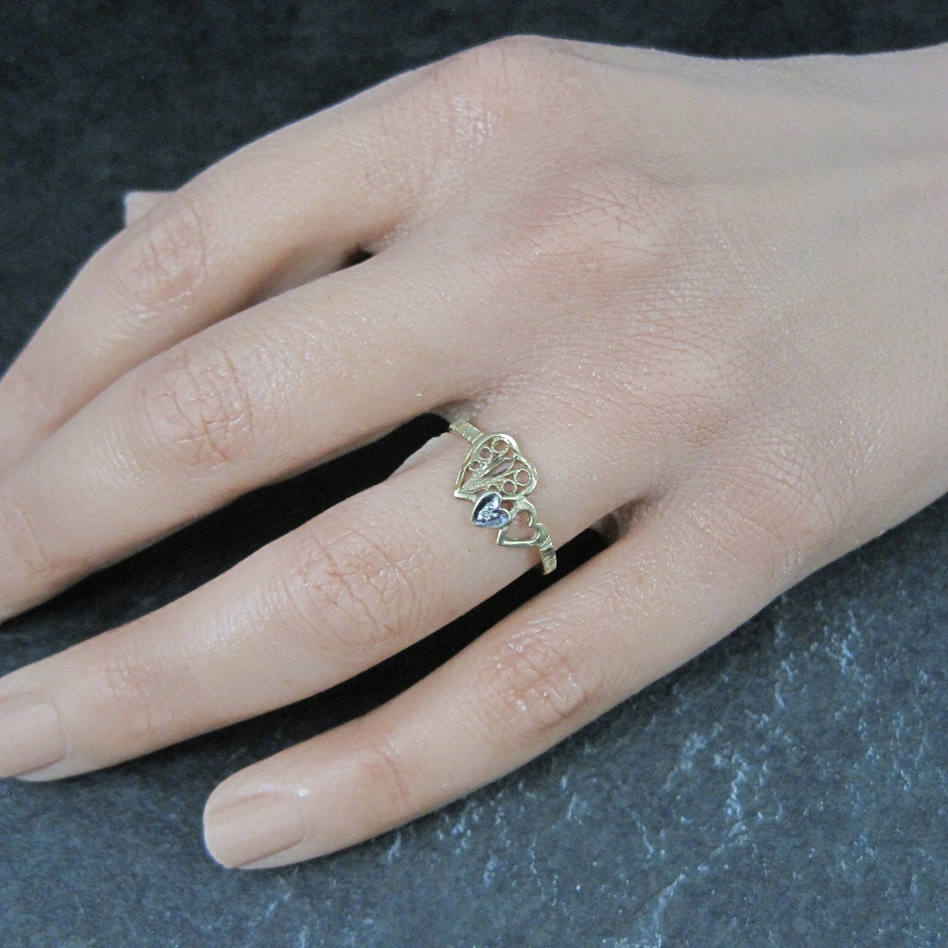 Dainty 10K Diamond Heart Ring Size 6 Yellow Gold Filigree