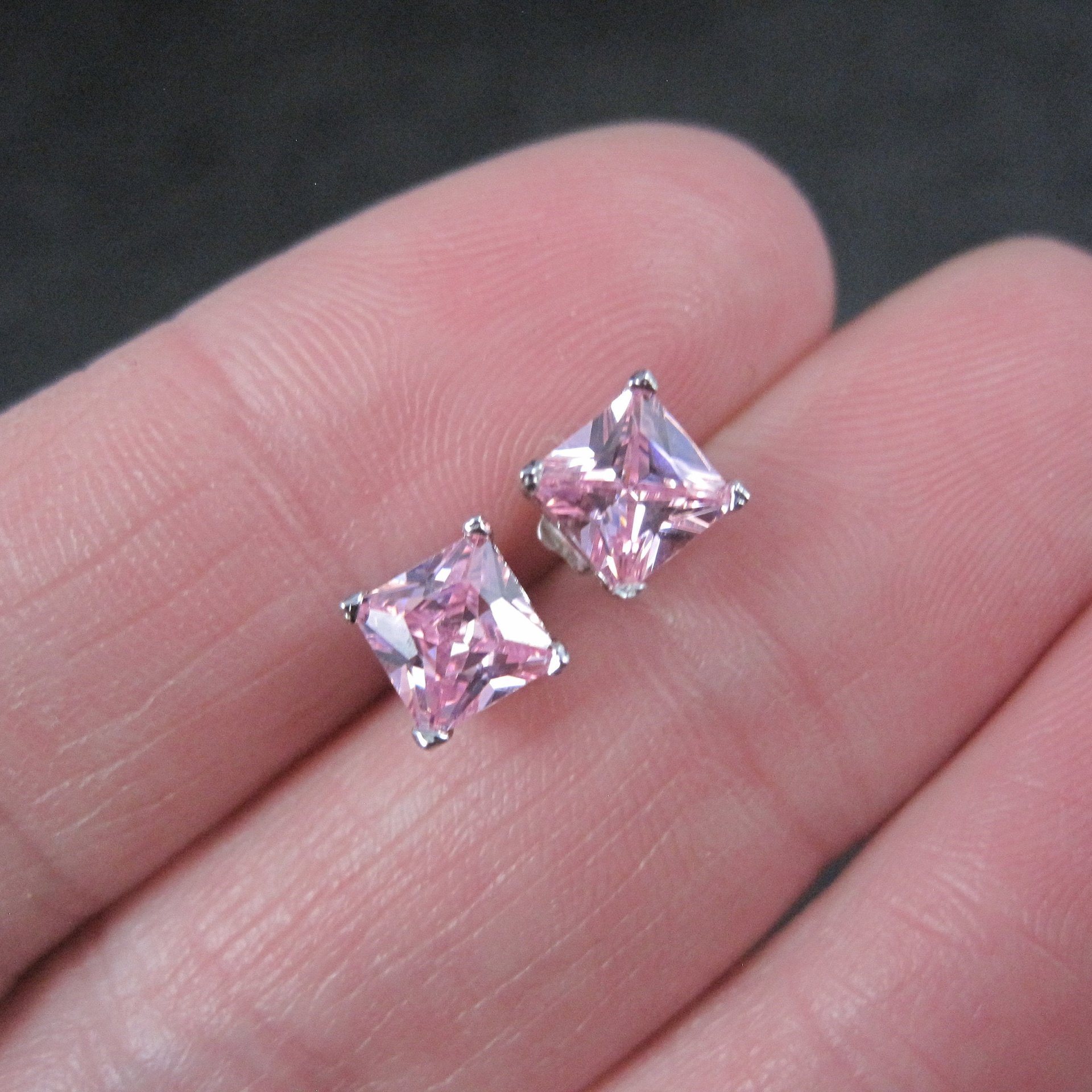 Princess Pink Cz Stud Earrings Sterling Silver NOS