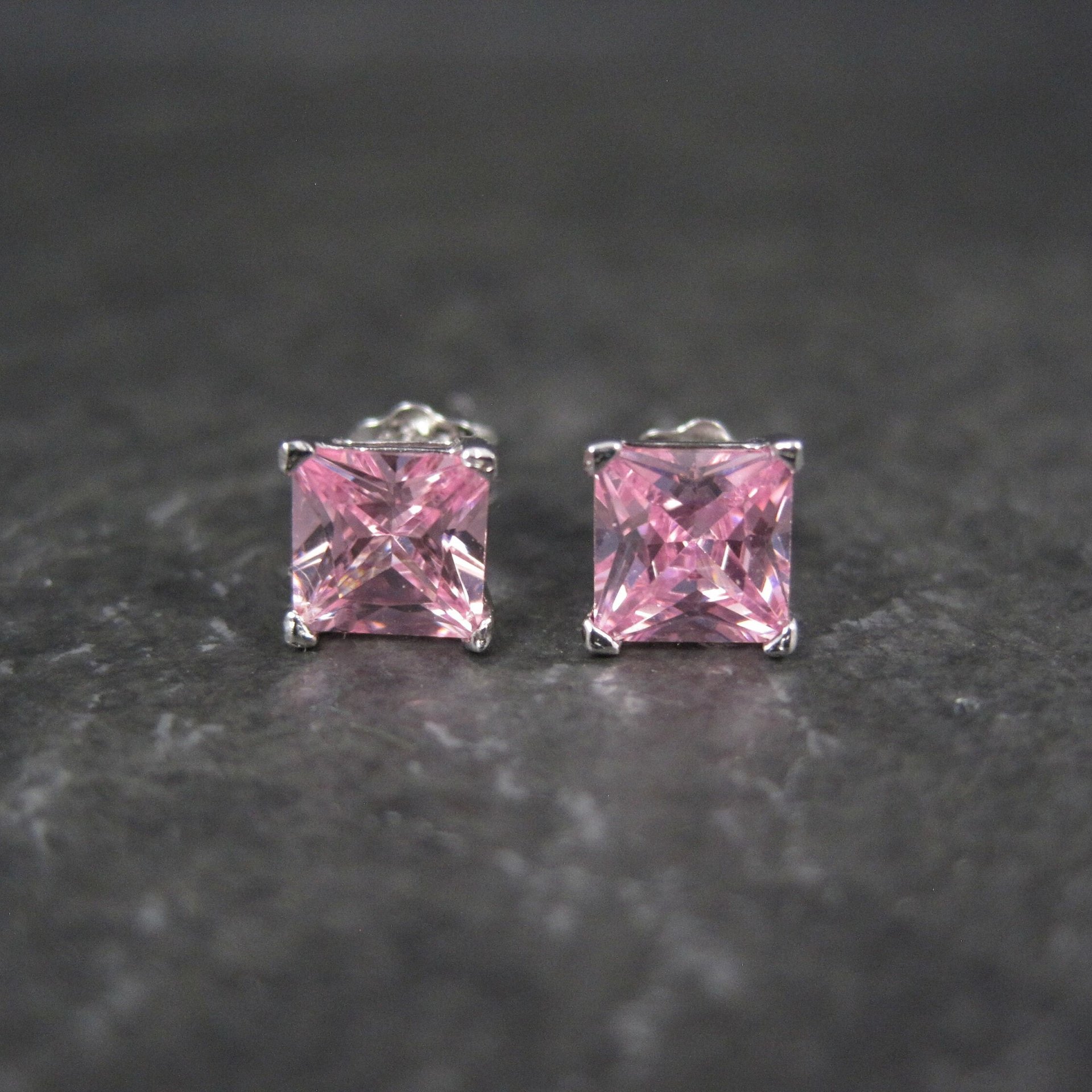 Princess Pink Cz Stud Earrings Sterling Silver NOS